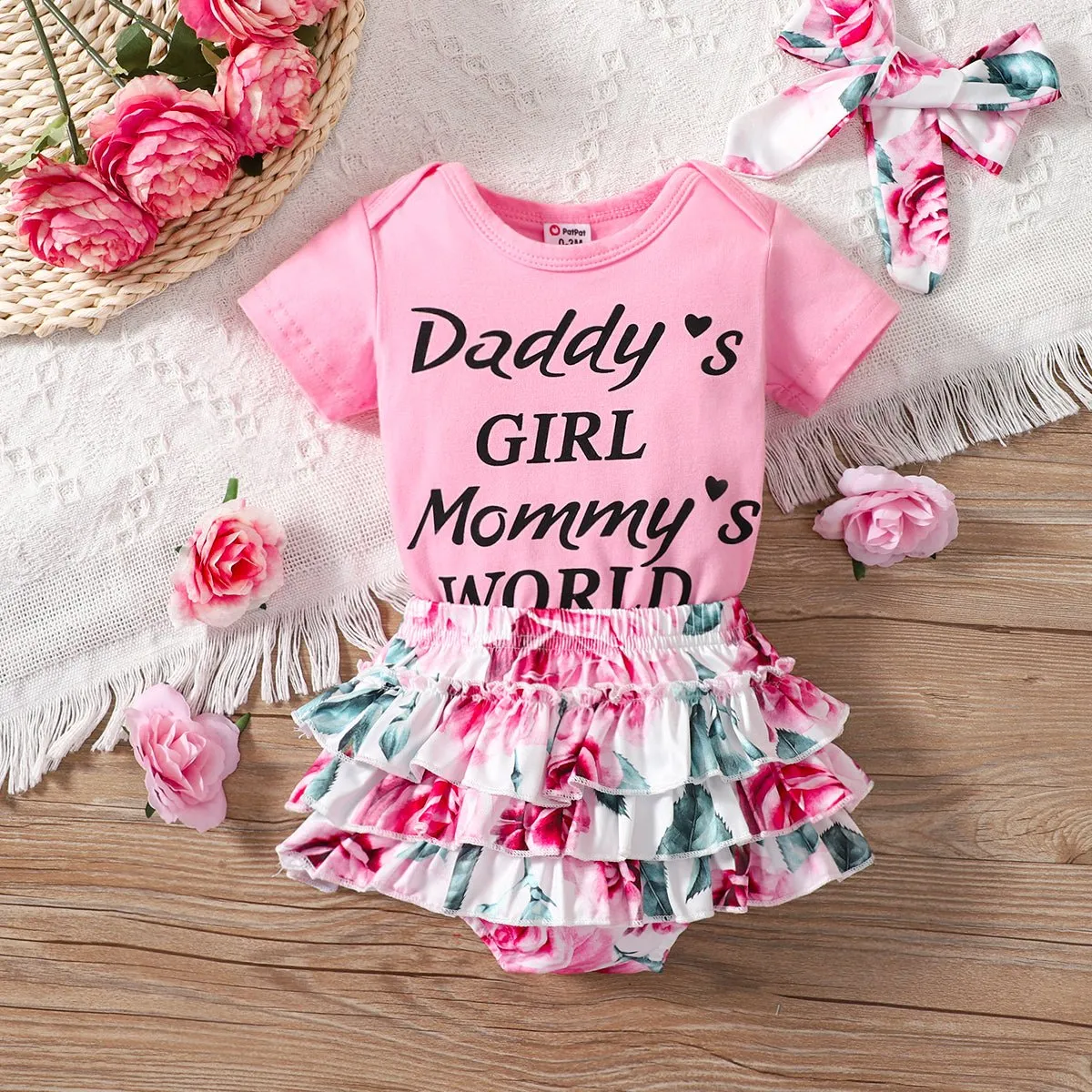 3pcs Baby Girl 95% Cotton Short-sleeve Letter Print Romper and Floral Print Layered Ruffle Trim Shorts & Headband Set