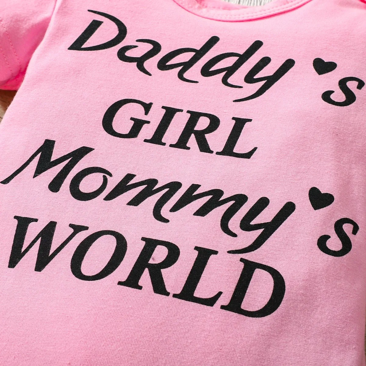 3pcs Baby Girl 95% Cotton Short-sleeve Letter Print Romper and Floral Print Layered Ruffle Trim Shorts & Headband Set