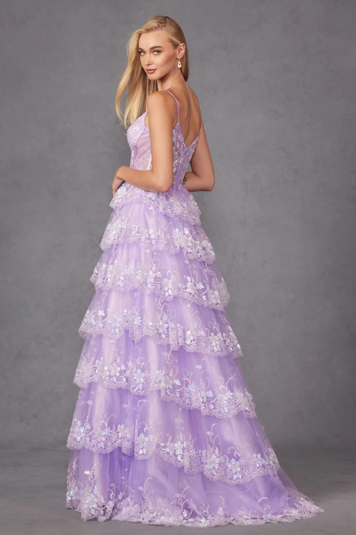 Applique Sleeveless Tiered Gown by Juliet JT2454K