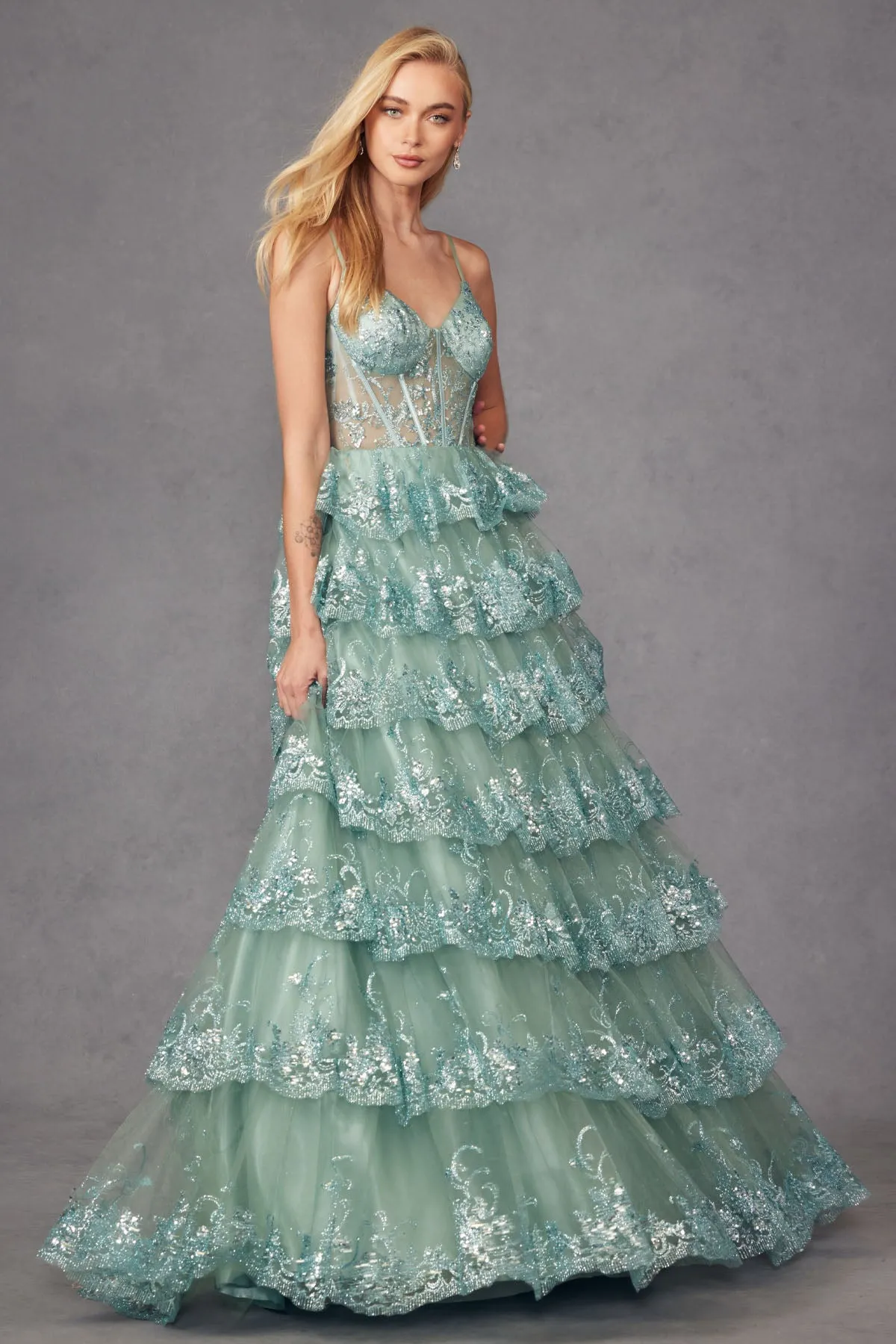 Applique Sleeveless Tiered Gown by Juliet JT2454K
