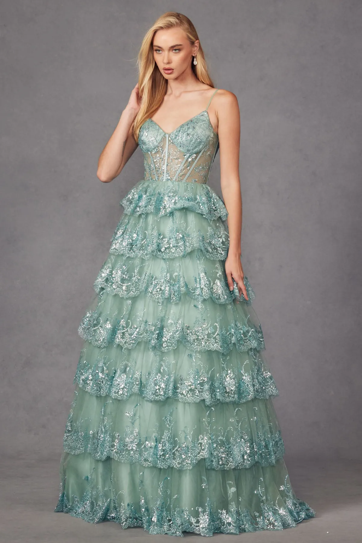 Applique Sleeveless Tiered Gown by Juliet JT2454K