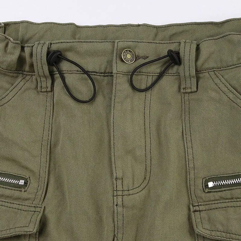 Army Green Pockets Zipper Denim Skirt