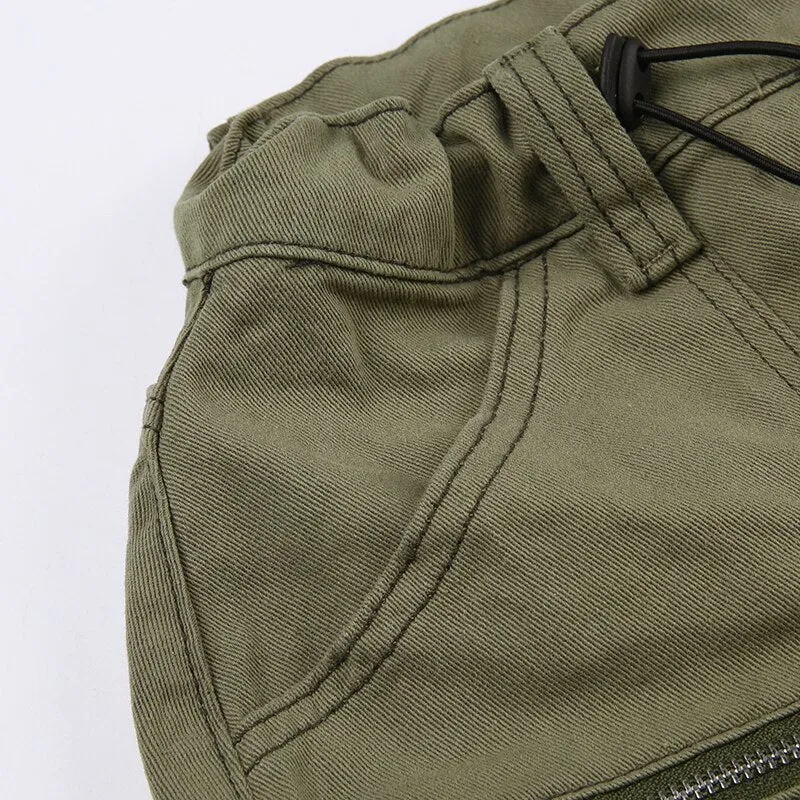 Army Green Pockets Zipper Denim Skirt