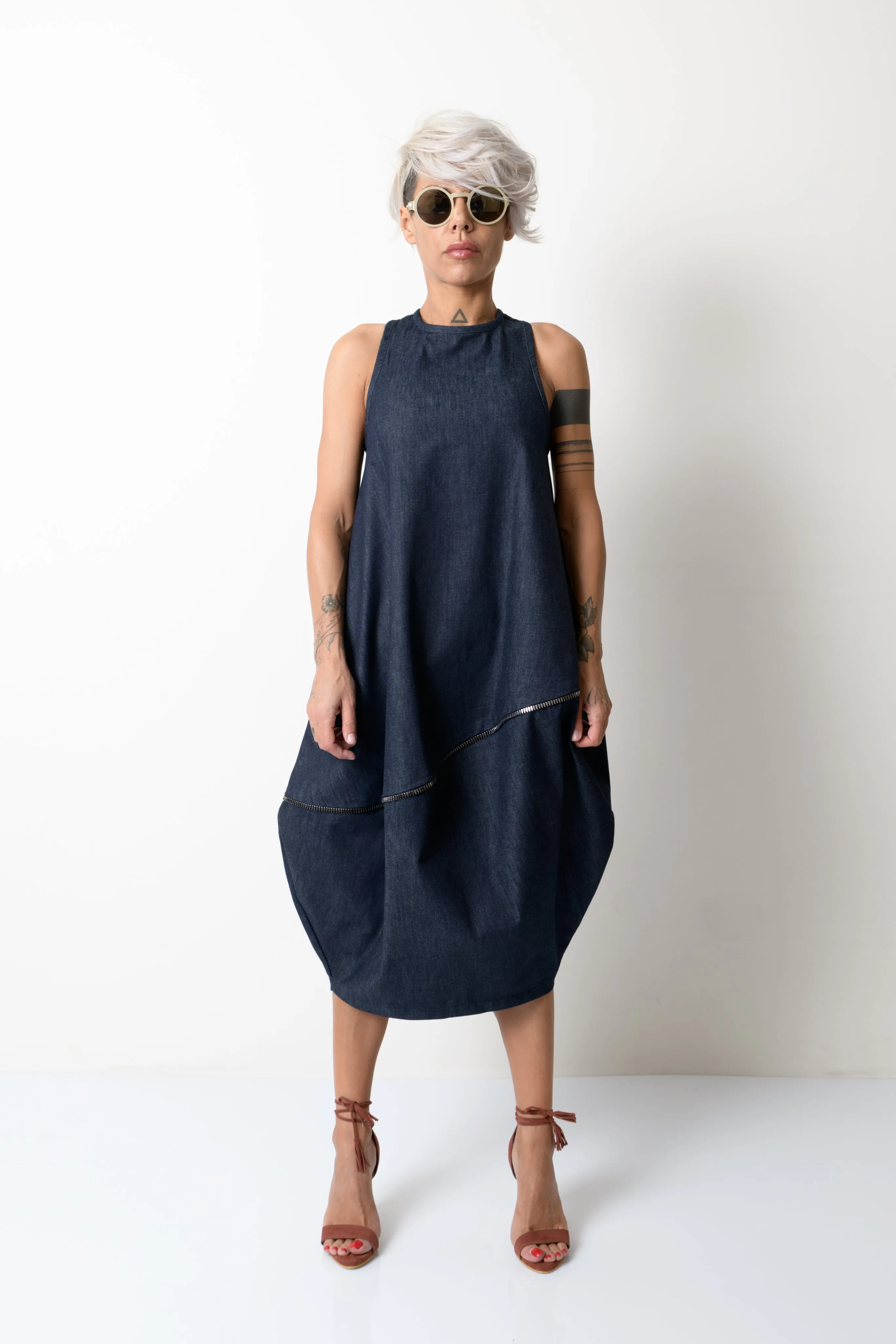 Balloon Denim Dress with Zipper Details