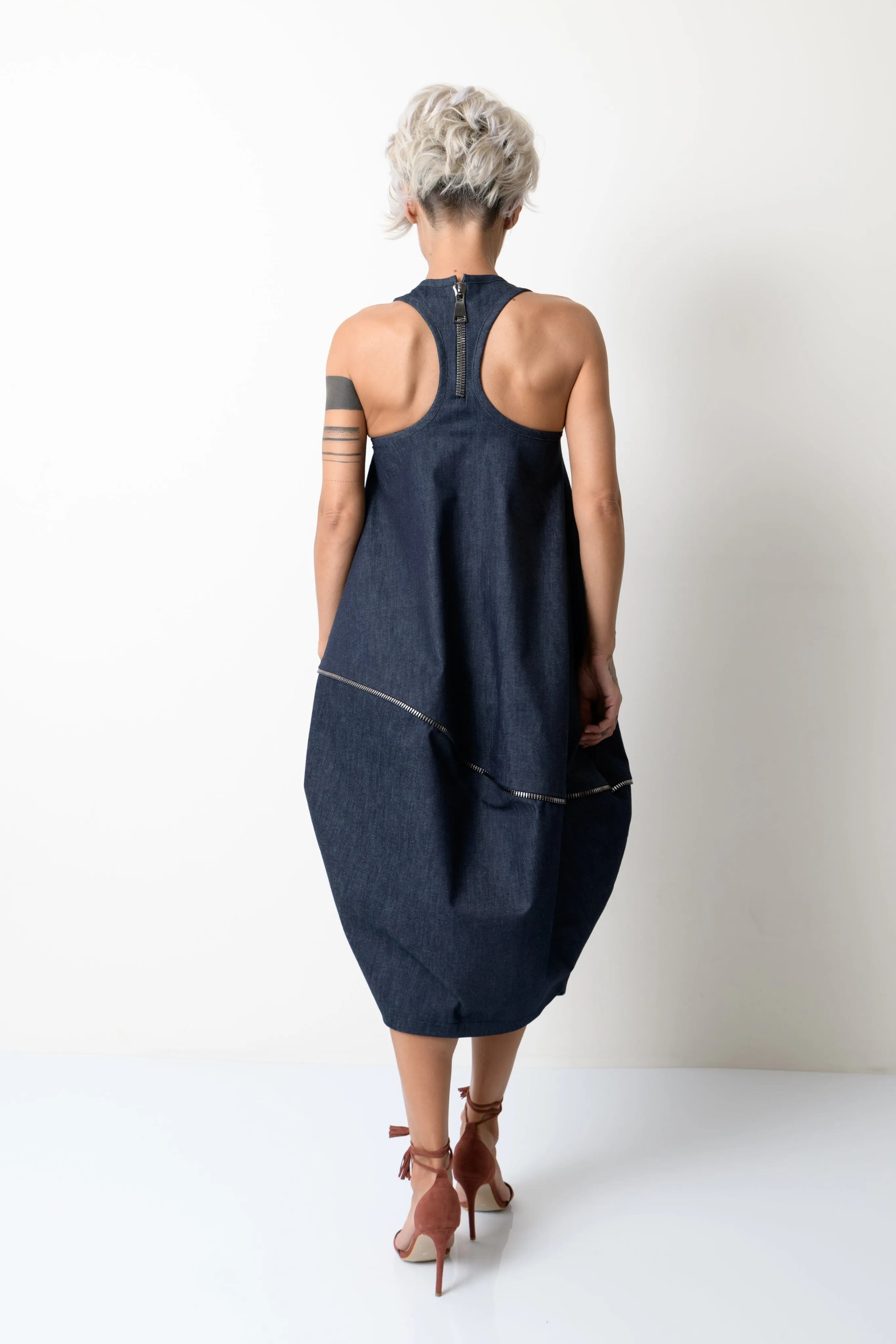 Balloon Denim Dress with Zipper Details