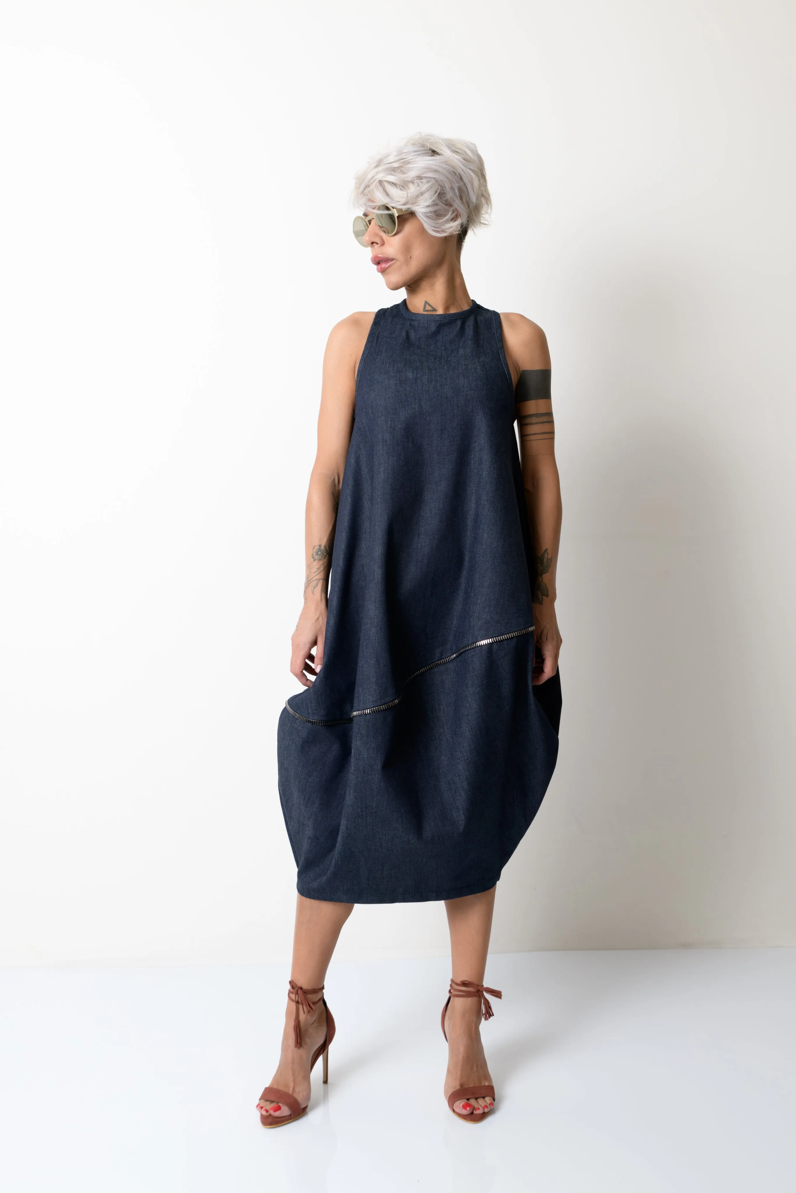 Balloon Denim Dress with Zipper Details