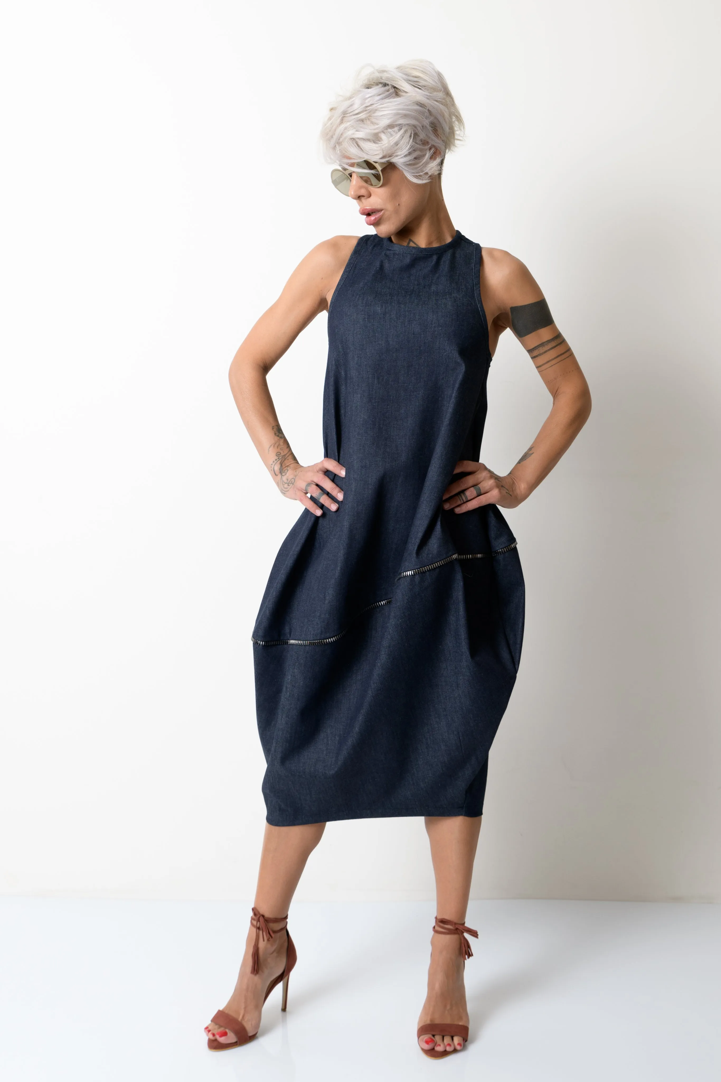 Balloon Denim Dress with Zipper Details