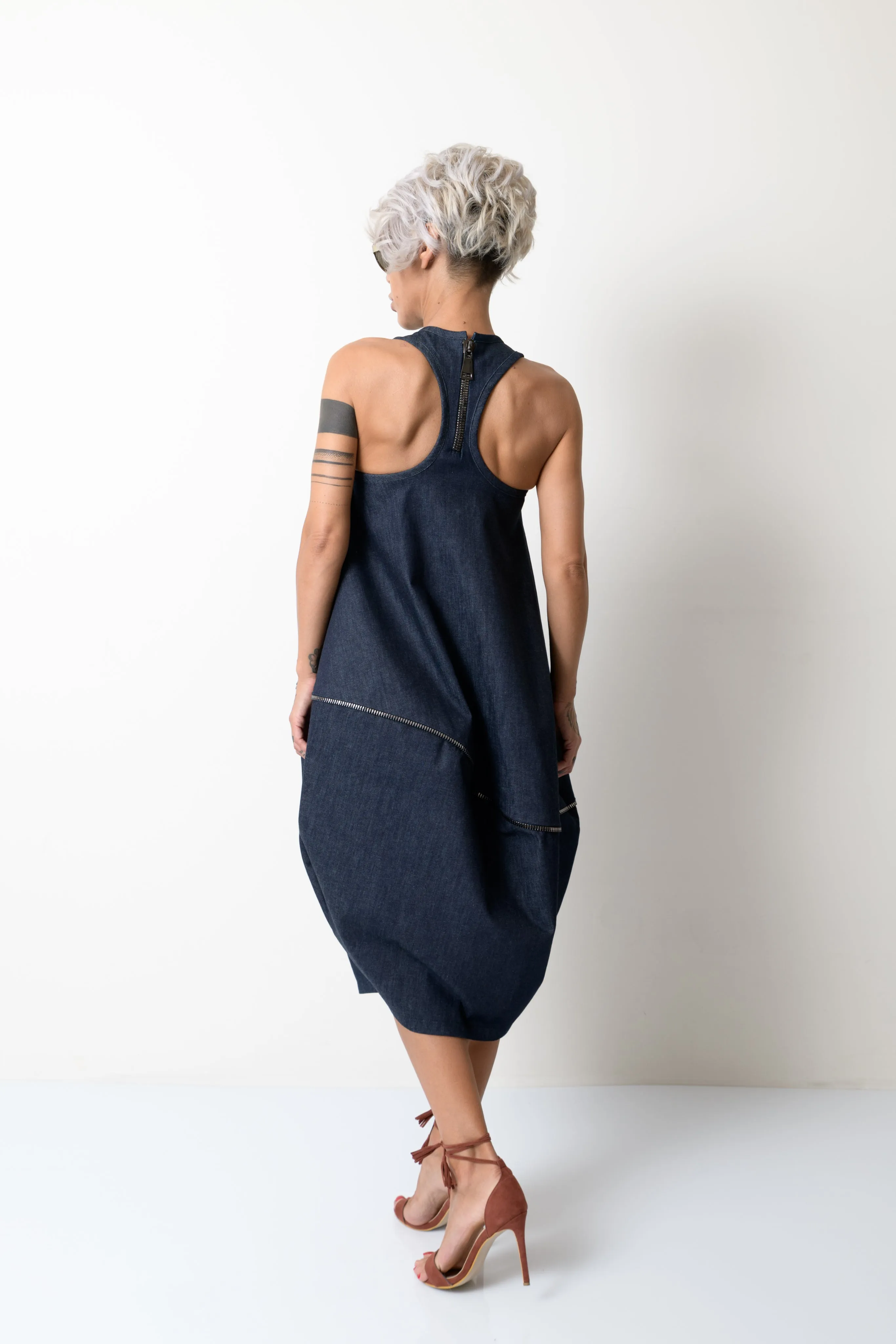 Balloon Denim Dress with Zipper Details