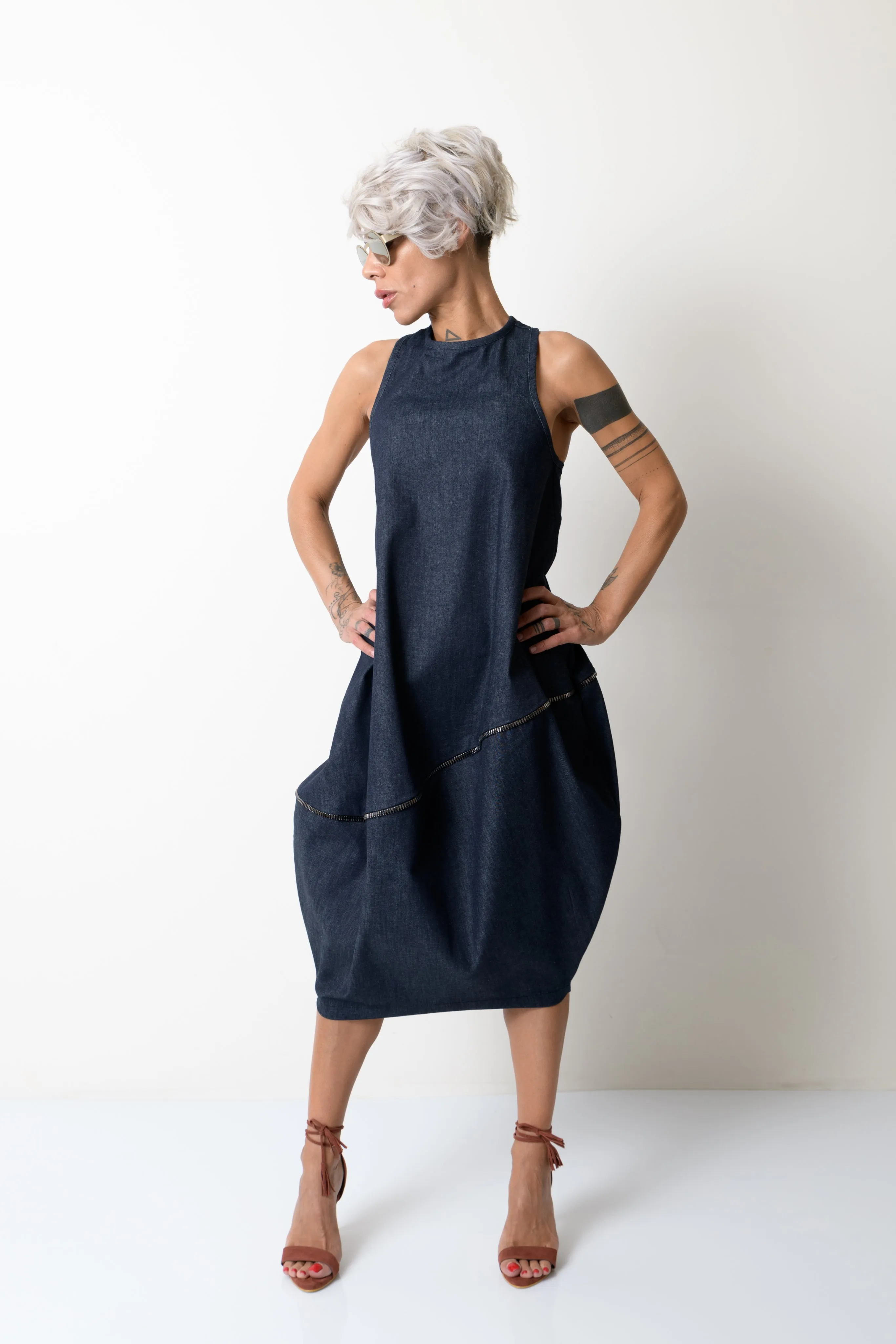 Balloon Denim Dress with Zipper Details