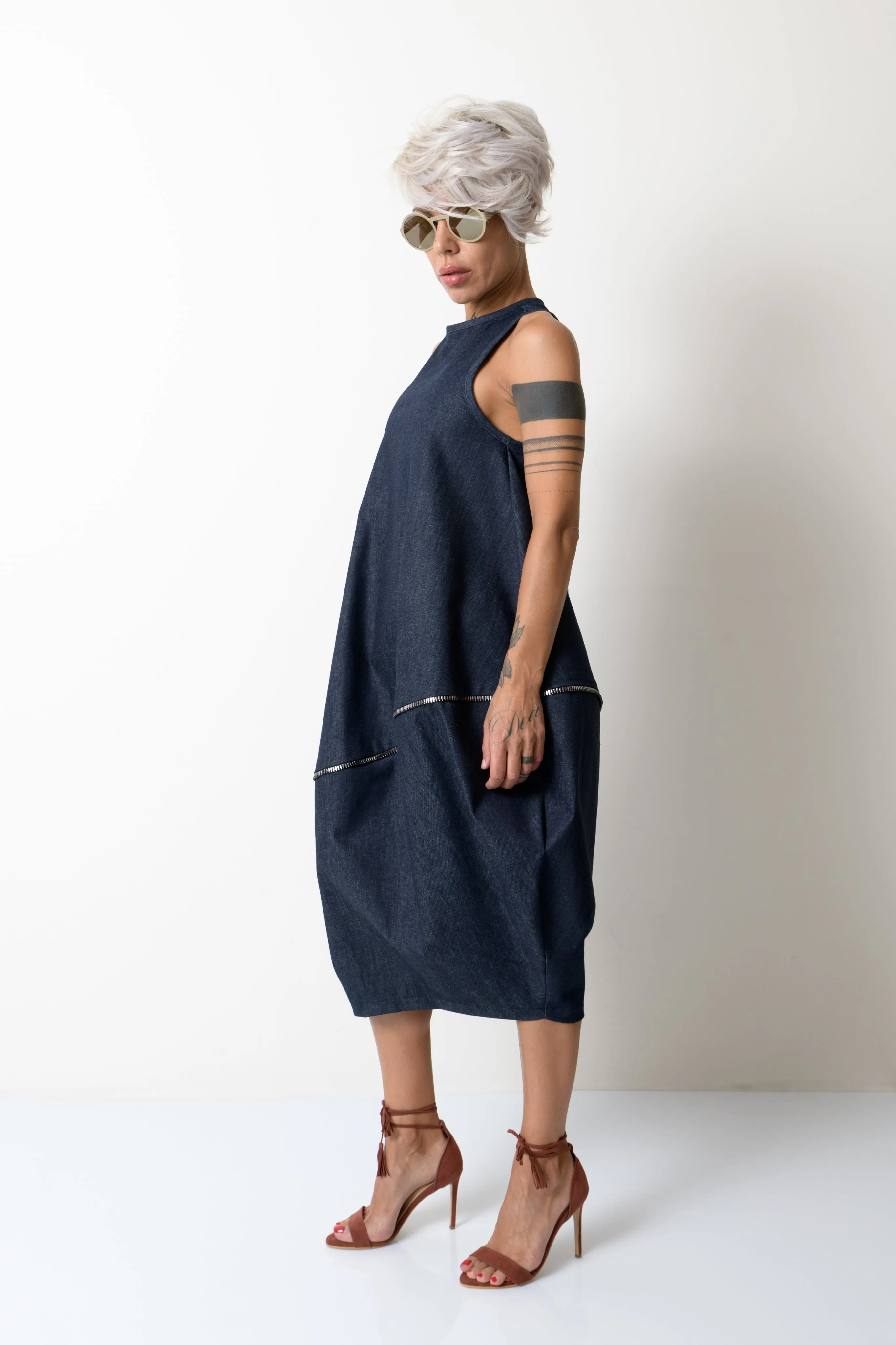 Balloon Denim Dress with Zipper Details
