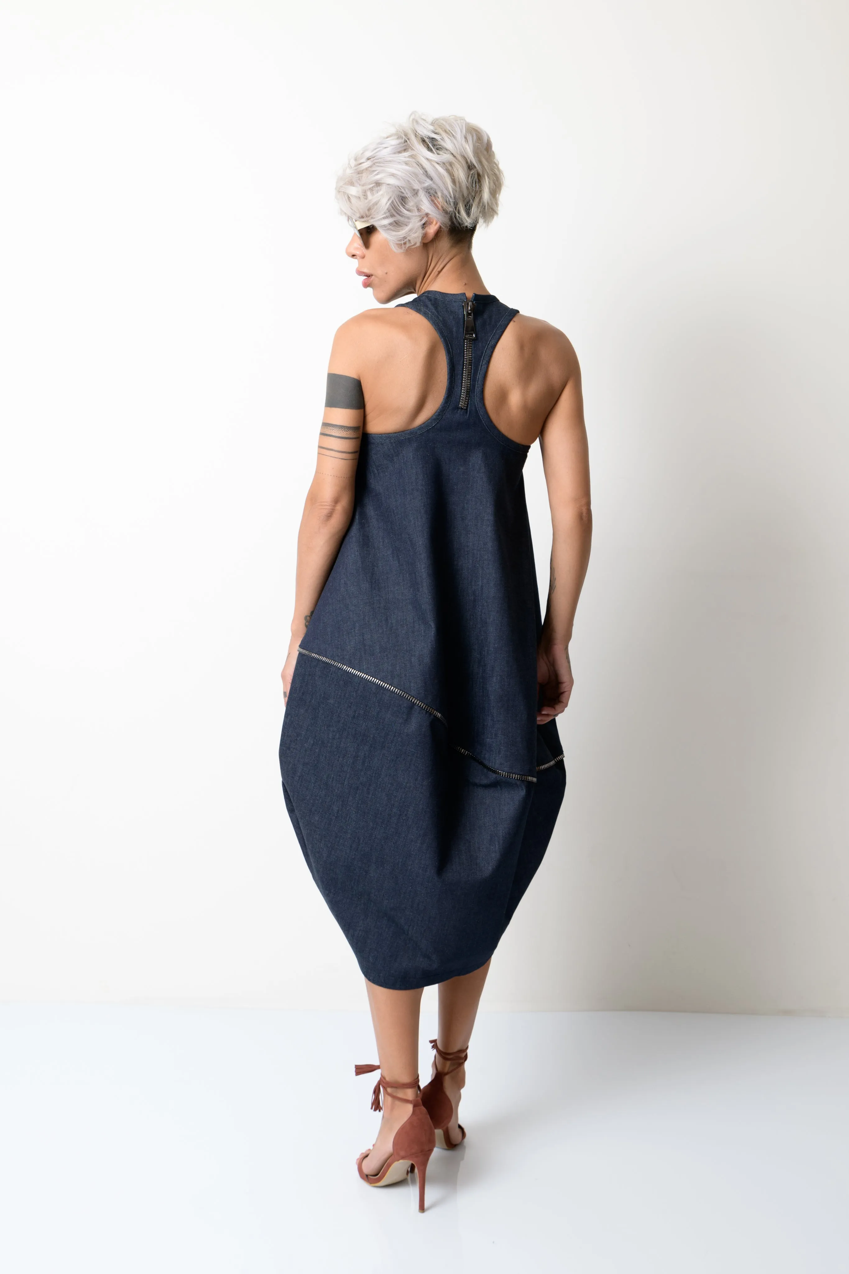 Balloon Denim Dress with Zipper Details