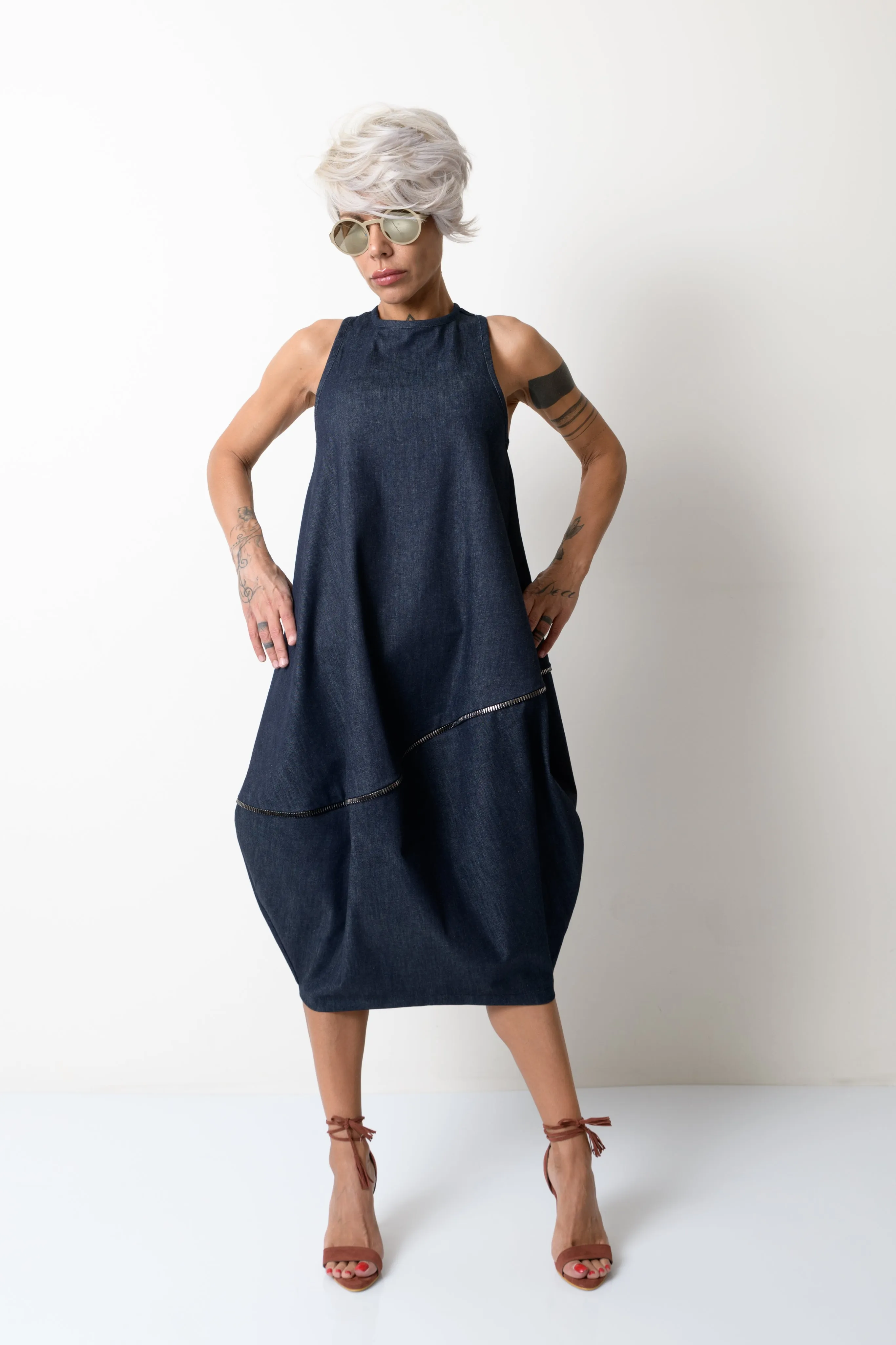 Balloon Denim Dress with Zipper Details