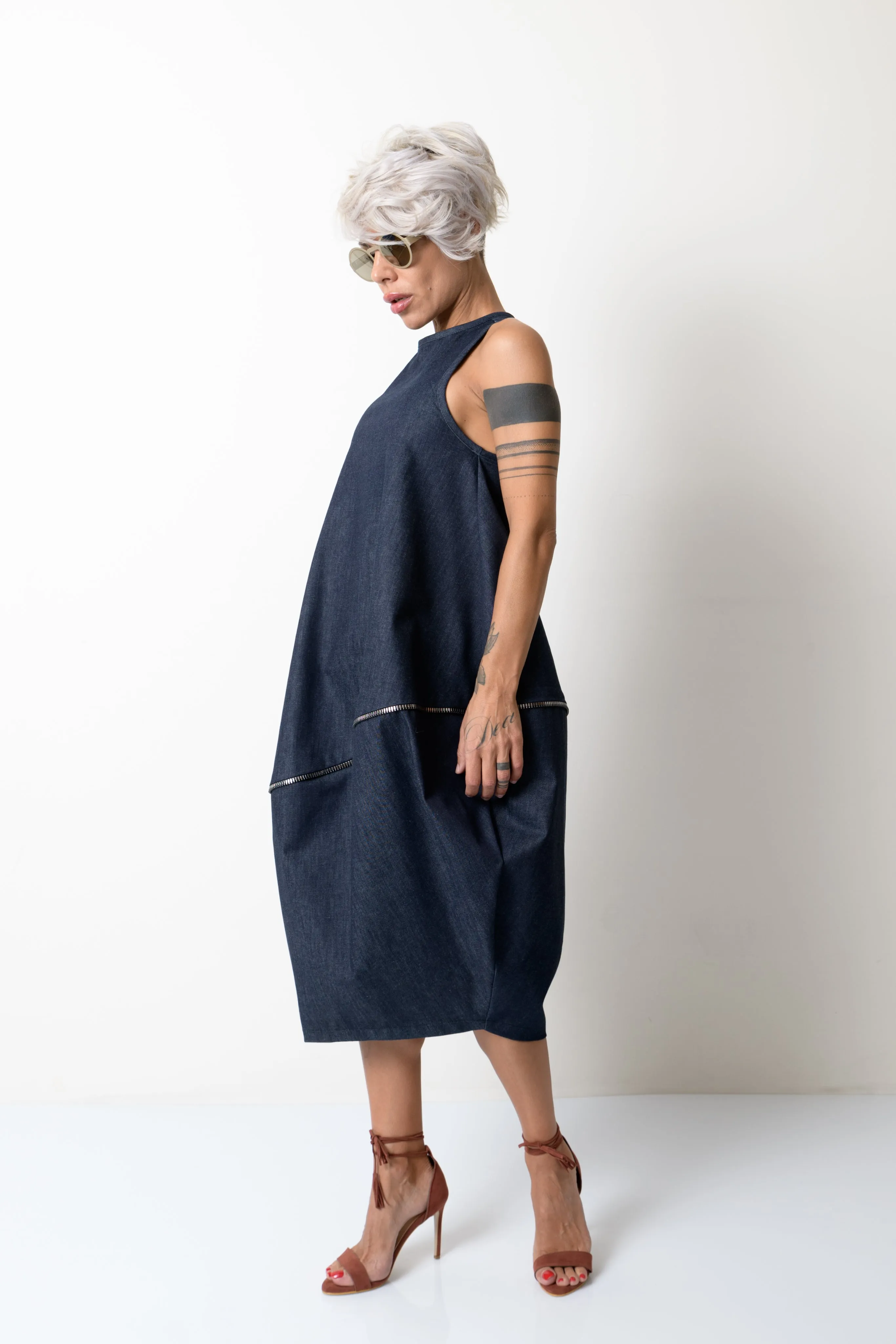 Balloon Denim Dress with Zipper Details