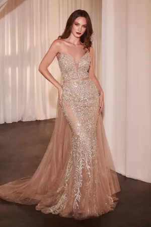Beaded Strapless Overskirt Gown by Ladivine CZ0028