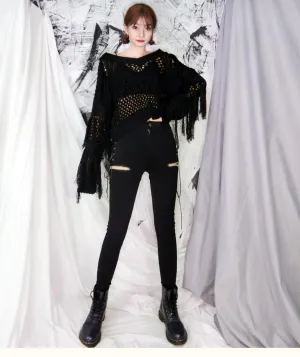 'Carnage' Black Alt Ripped V Collar Sweater
