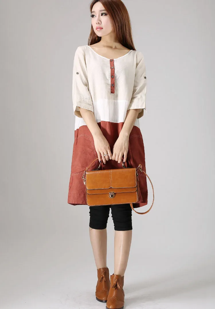 Casual linen block color dress woman patchwork dress 0833#