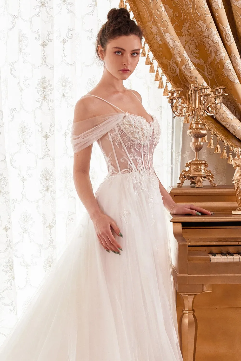Cold Shoulder Floral Layered Tulle A-Line Bridal Gown WN307