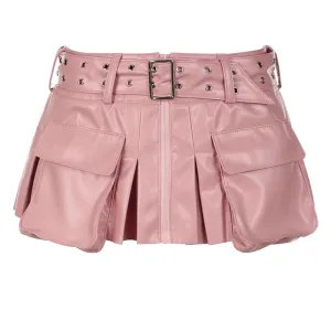 Cottagecore Fashion Pink PU Leather Skirt for Women Belt Low Waist Sweet Mini Pleated Skirt Super Short Hottie Bottom
