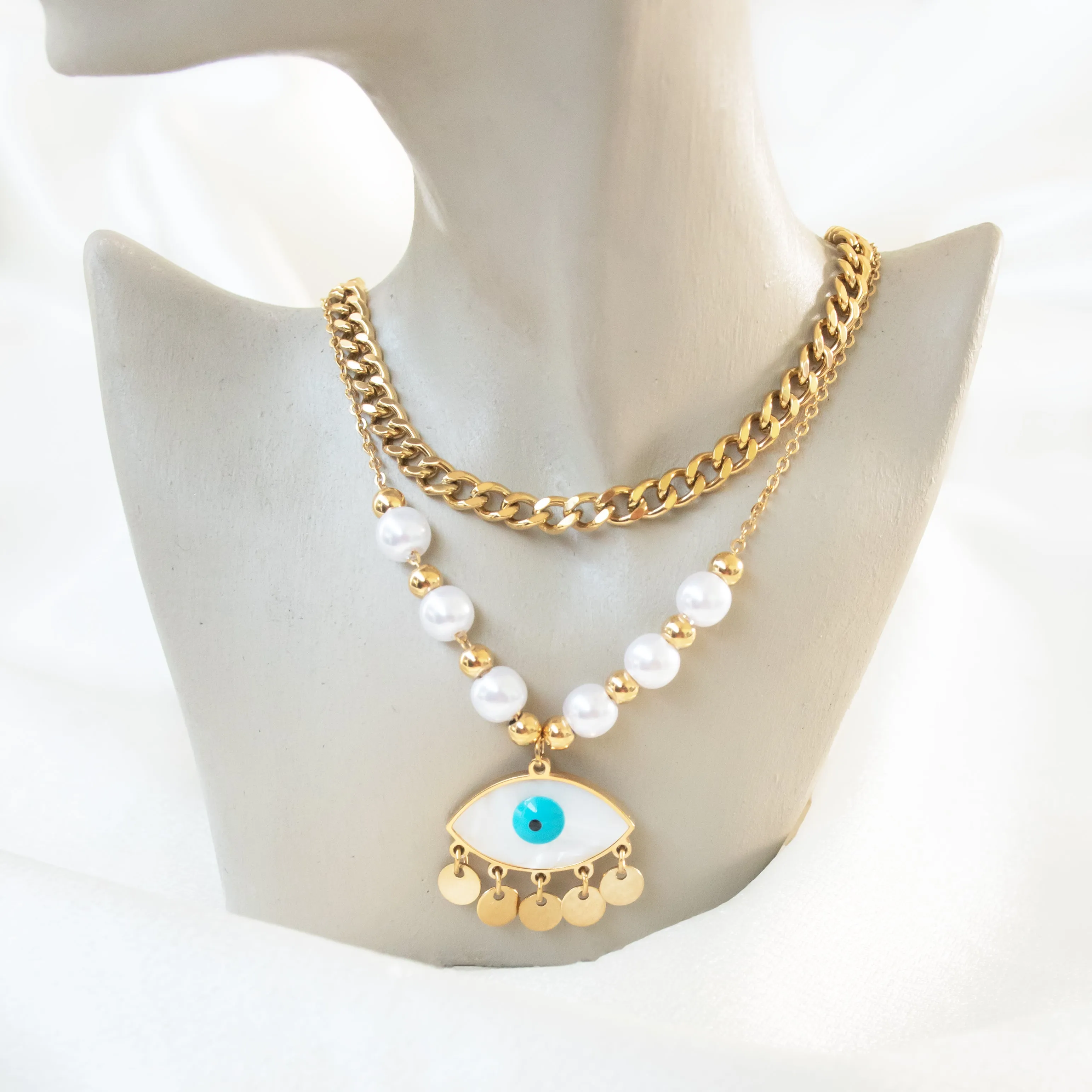 Dainty Pearl Evil Eye Layered Necklace