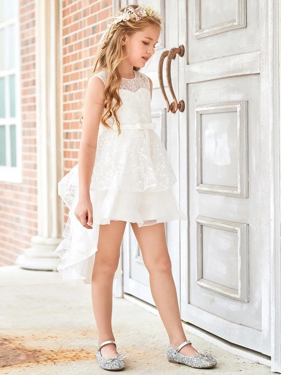 Exquisite Embroidered Round Neck Long Back Short Front Flower Girl Dress