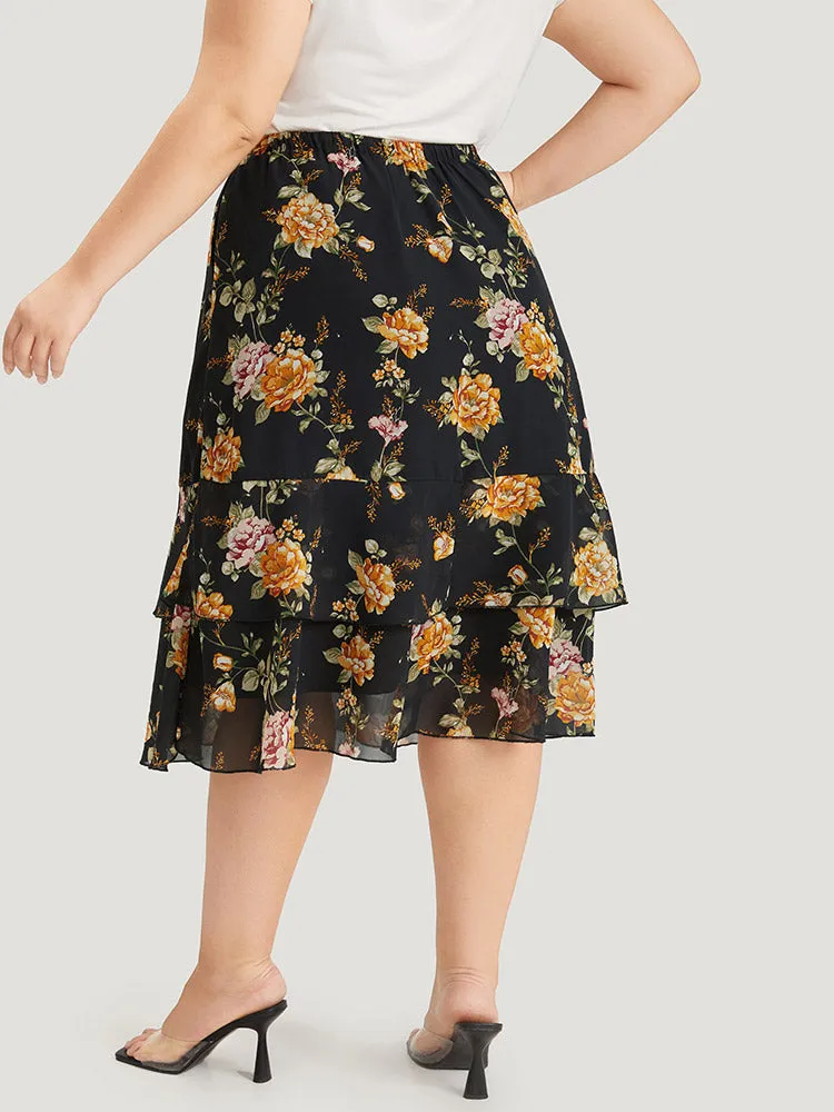 Floral Printed Flutter Layered Skirt