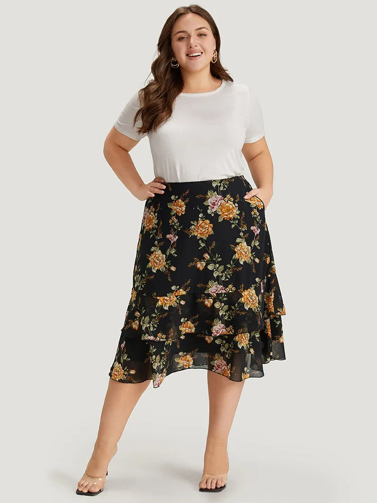 Floral Printed Flutter Layered Skirt