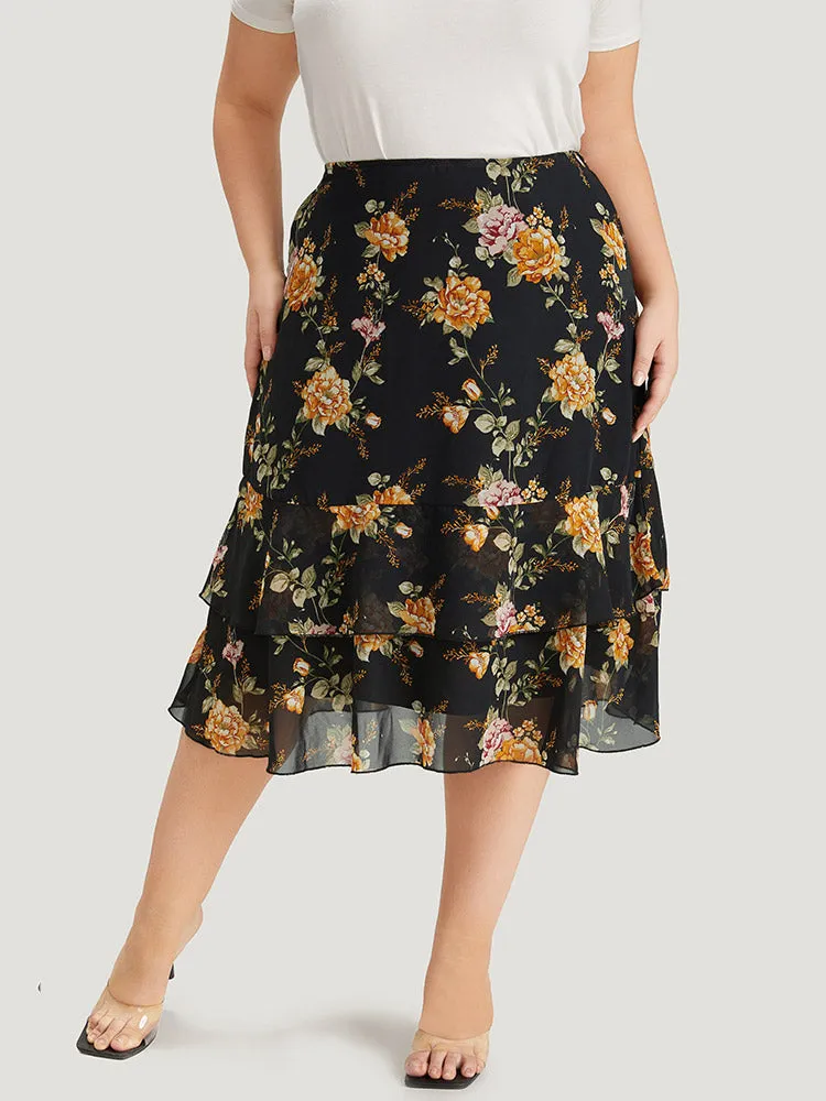 Floral Printed Flutter Layered Skirt