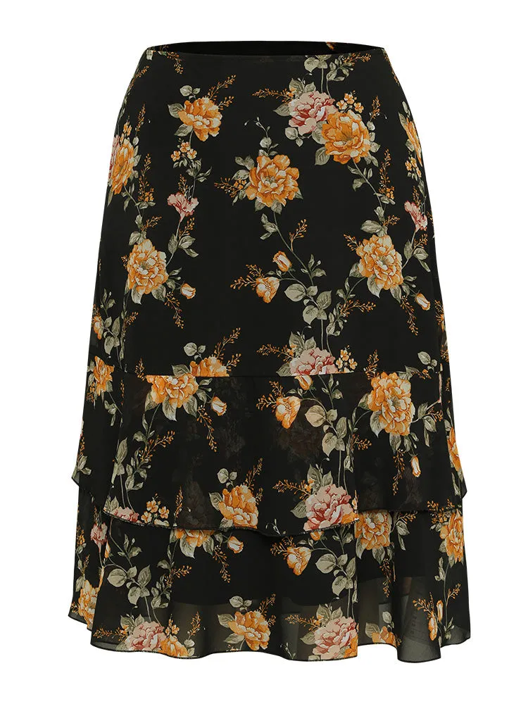 Floral Printed Flutter Layered Skirt