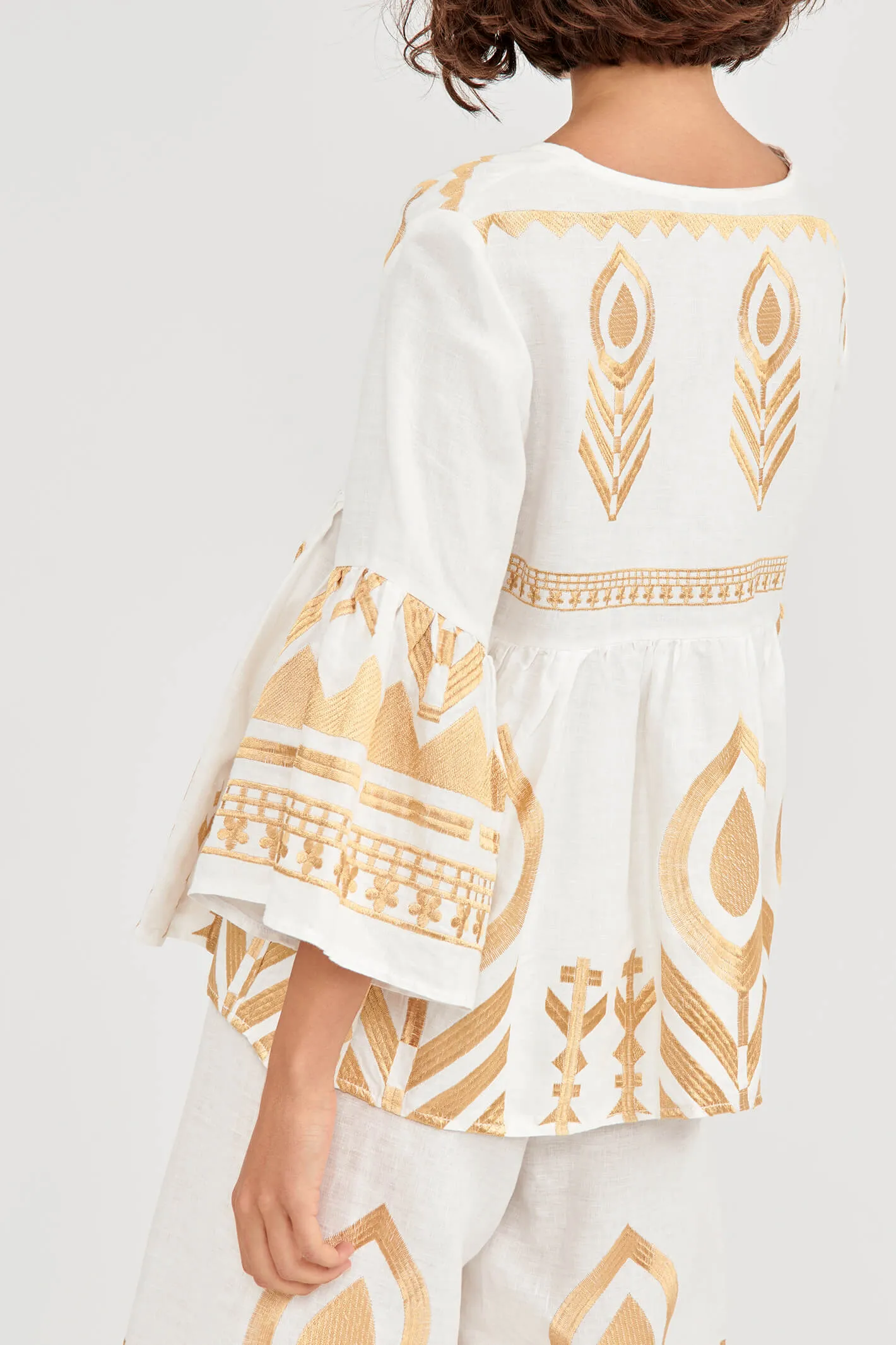 Greek Archaic Kori 250049 White Gold Feather Bell Sleeve Linen Tunic