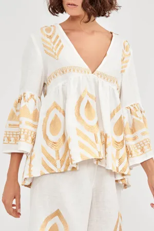 Greek Archaic Kori 250049 White Gold Feather Bell Sleeve Linen Tunic