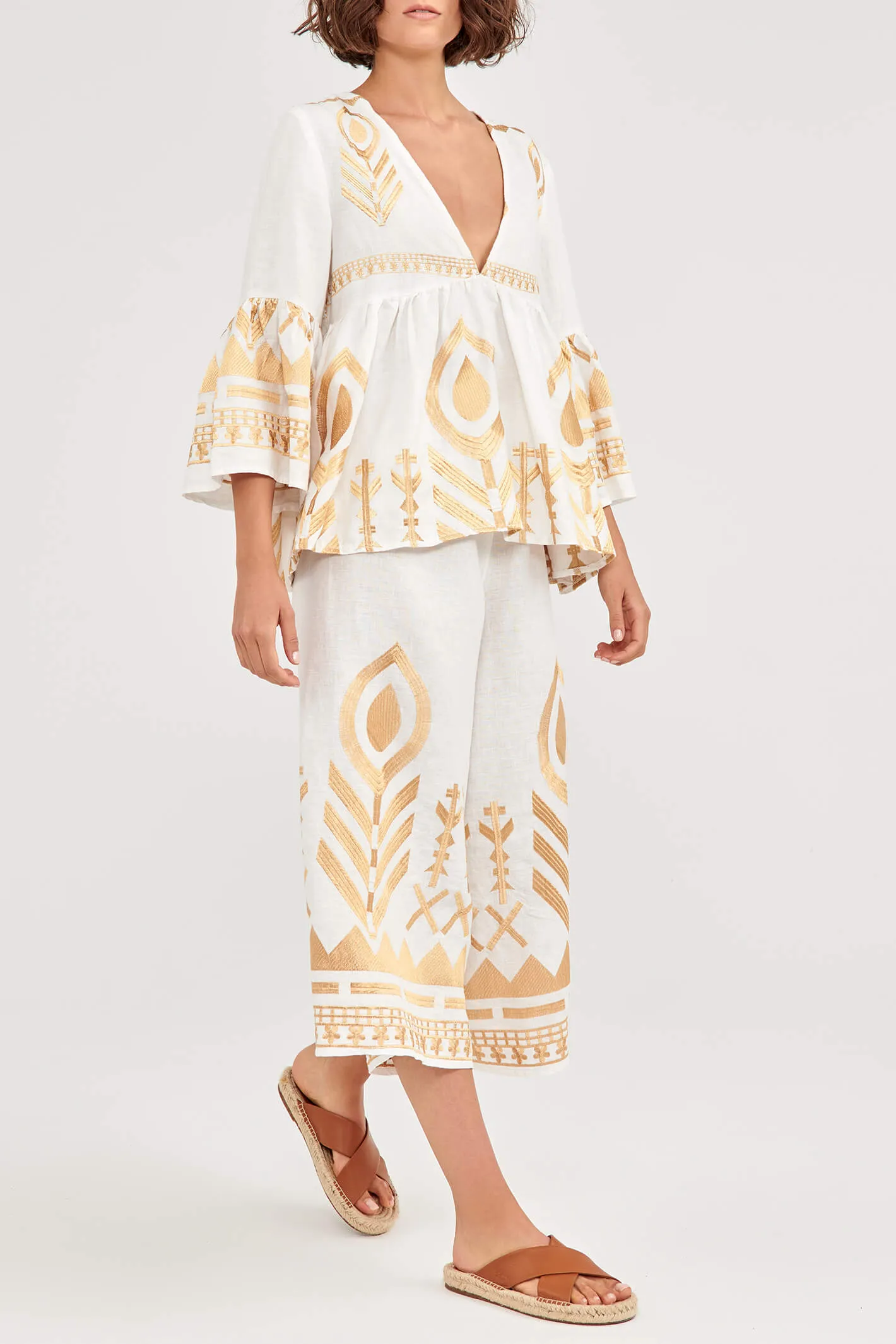 Greek Archaic Kori 250049 White Gold Feather Bell Sleeve Linen Tunic
