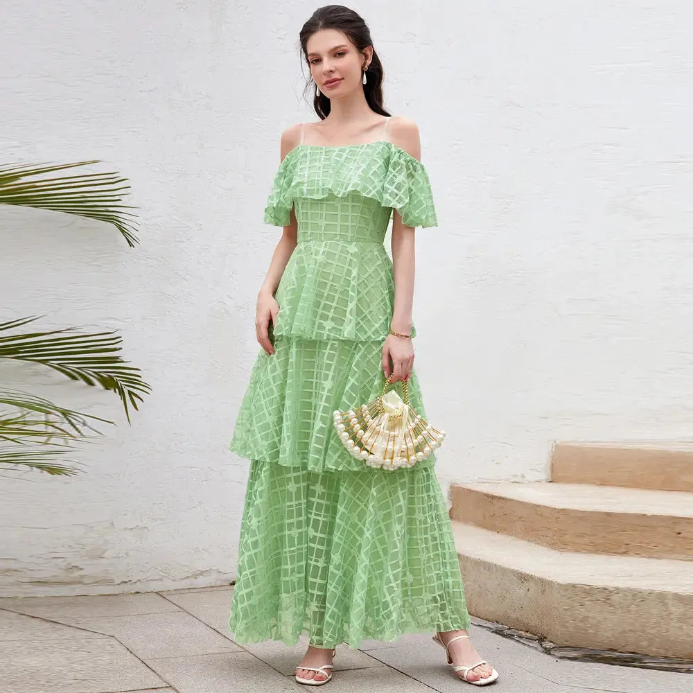 Green Layered Ruffle Maxi Dress