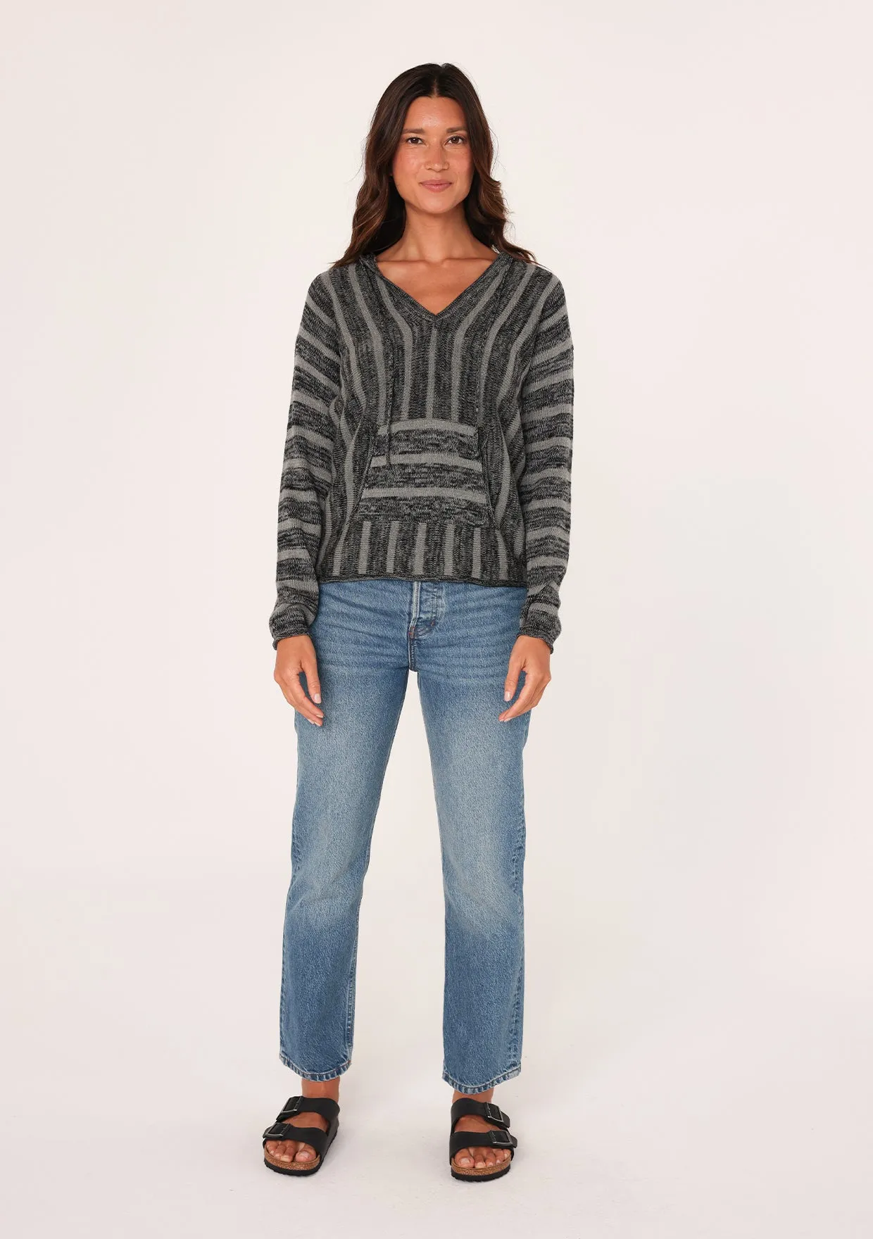 Grey Striped Hooded Pullover Sweater