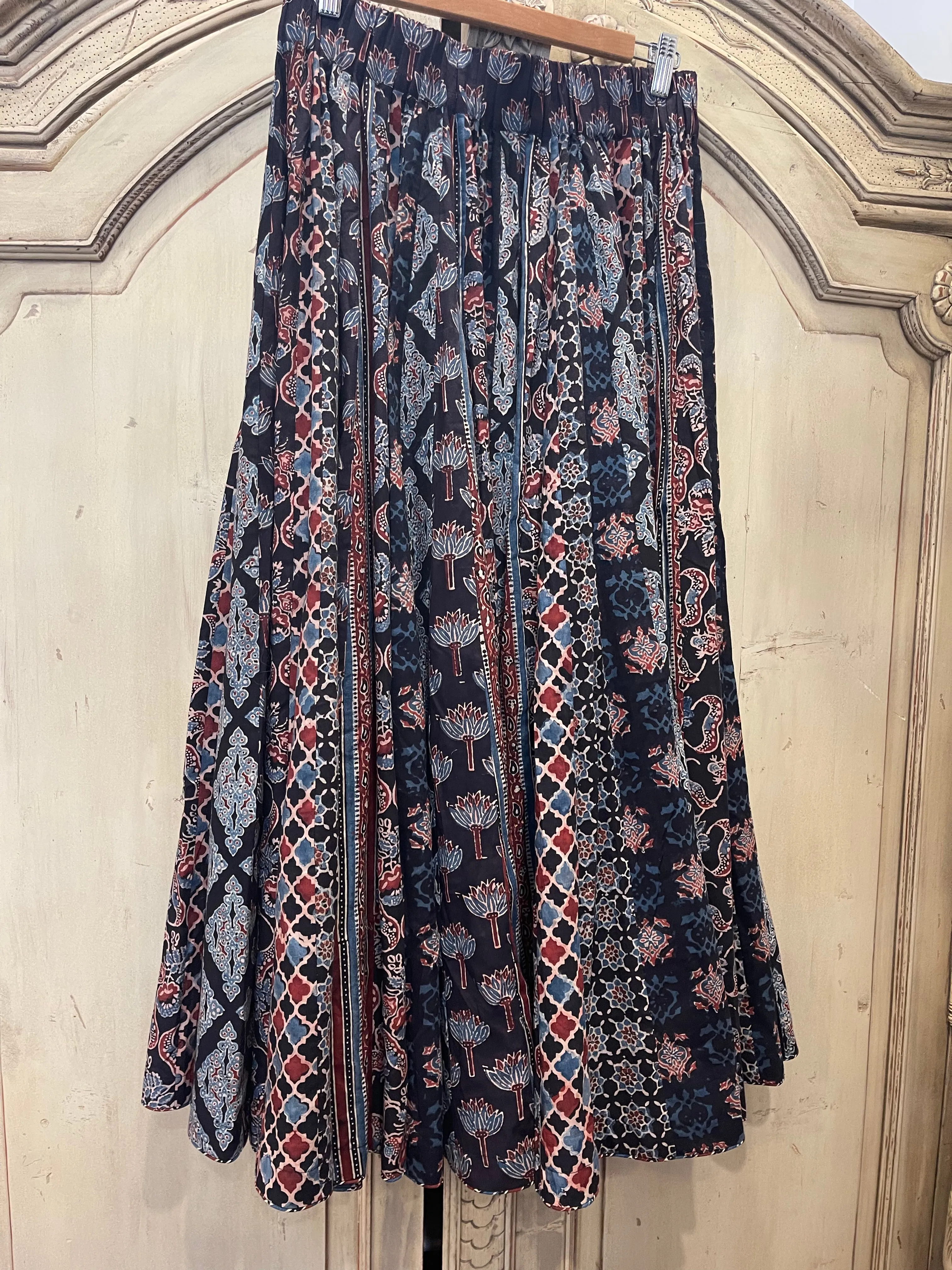 Handblock Printed Panelled Skirt- Ajrakh Midnight S