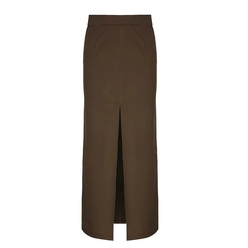 High Waisted Split Maxi for Woman Long Skirts Brown Black Y2k Fall Clothes 2024 Women Bottoms P84-BF30