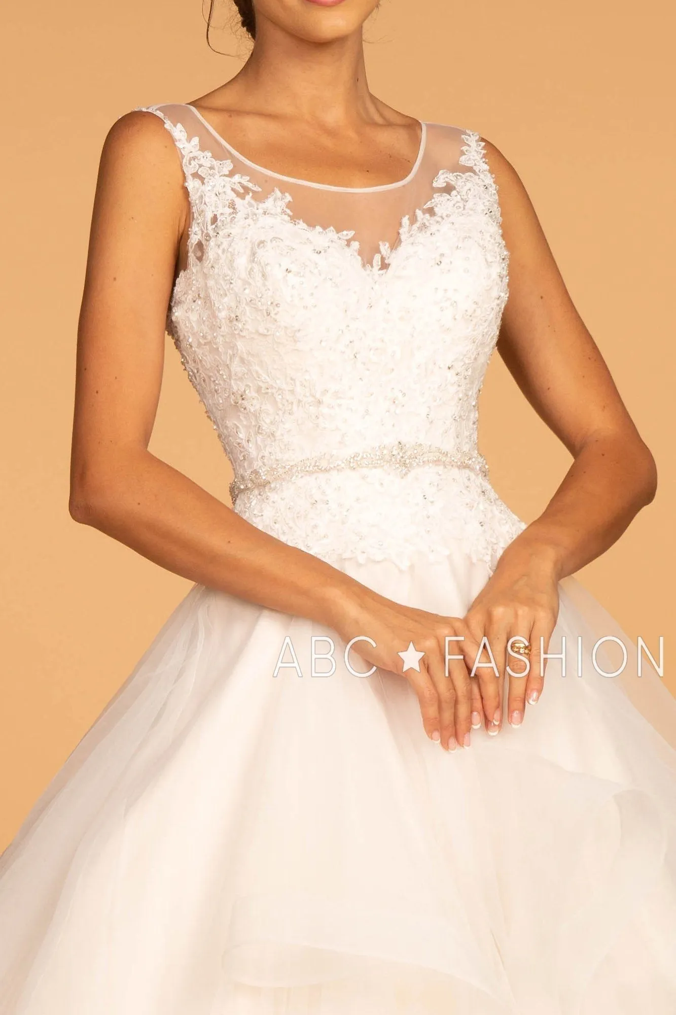 Illusion V-Neck Wedding Dress with Layered Skirt by Elizabeth K GL2599