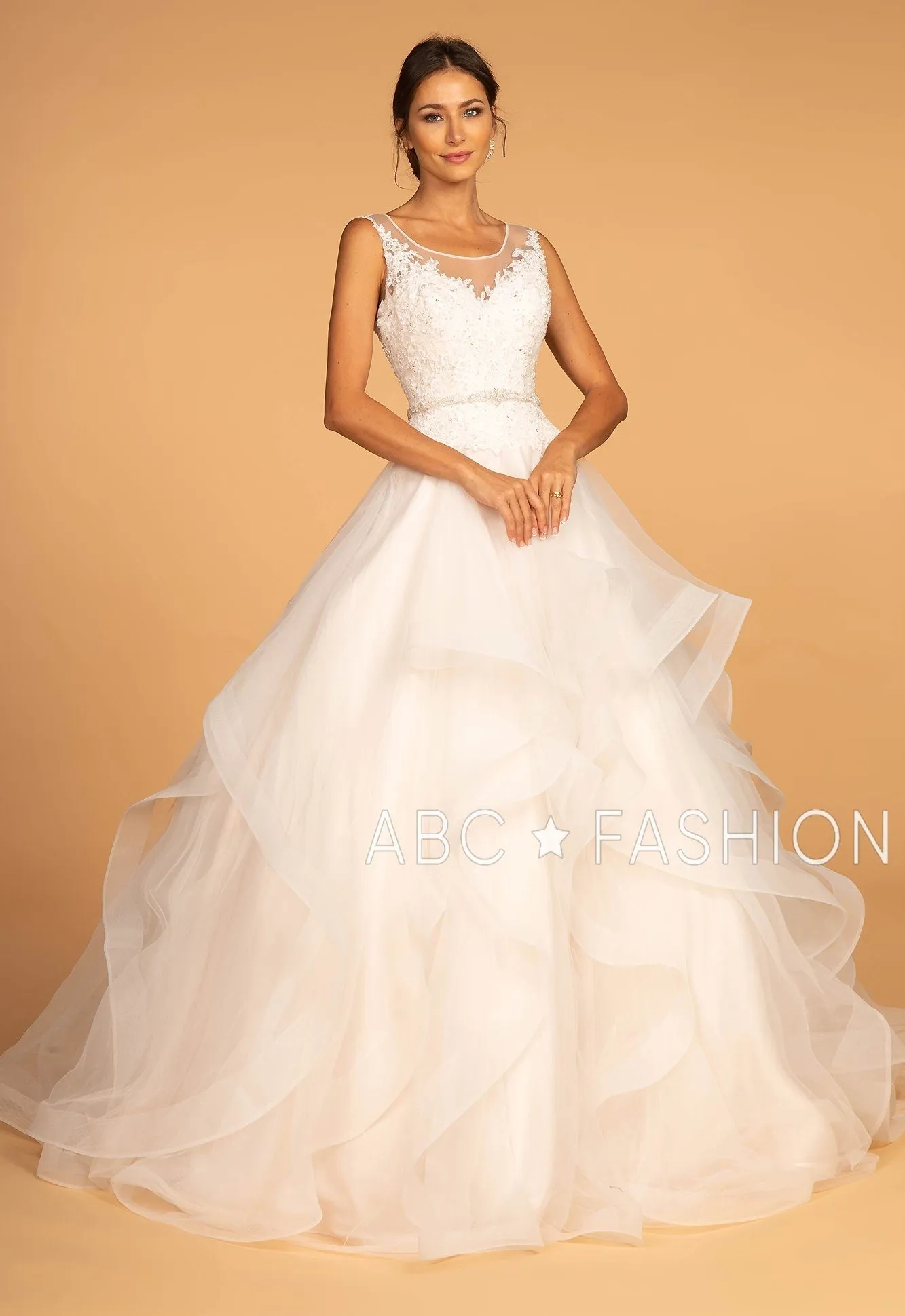 Illusion V-Neck Wedding Dress with Layered Skirt by Elizabeth K GL2599