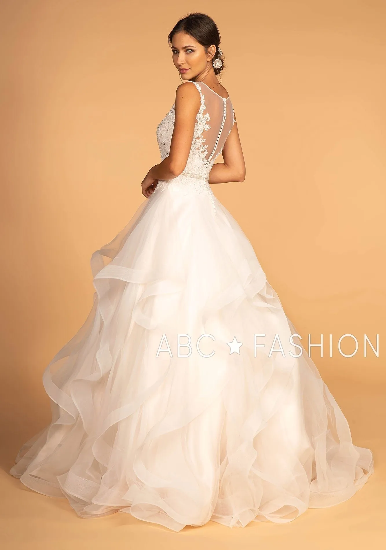 Illusion V-Neck Wedding Dress with Layered Skirt by Elizabeth K GL2599