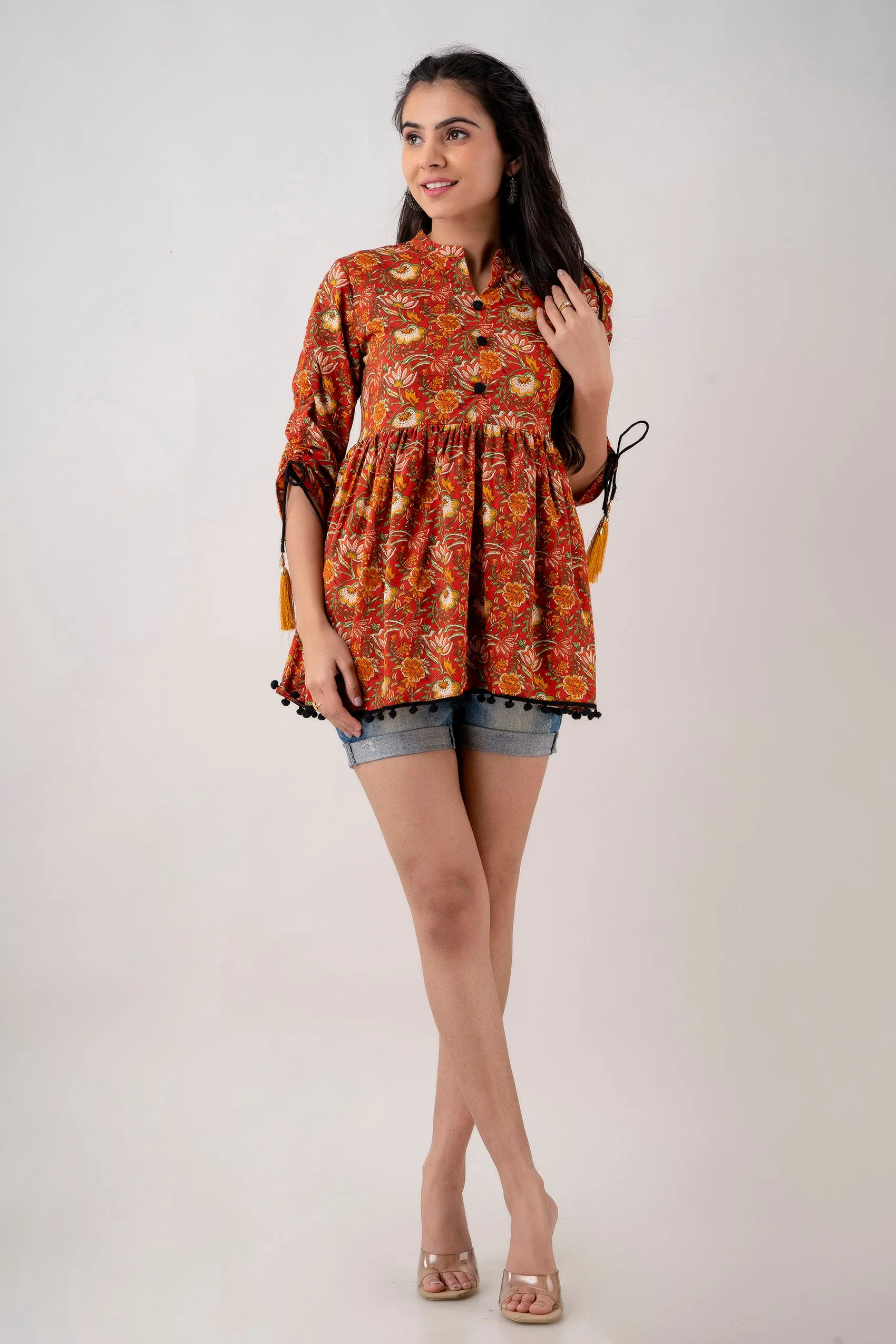 Jaipurite Red Floral Printed Tunic in Cotton