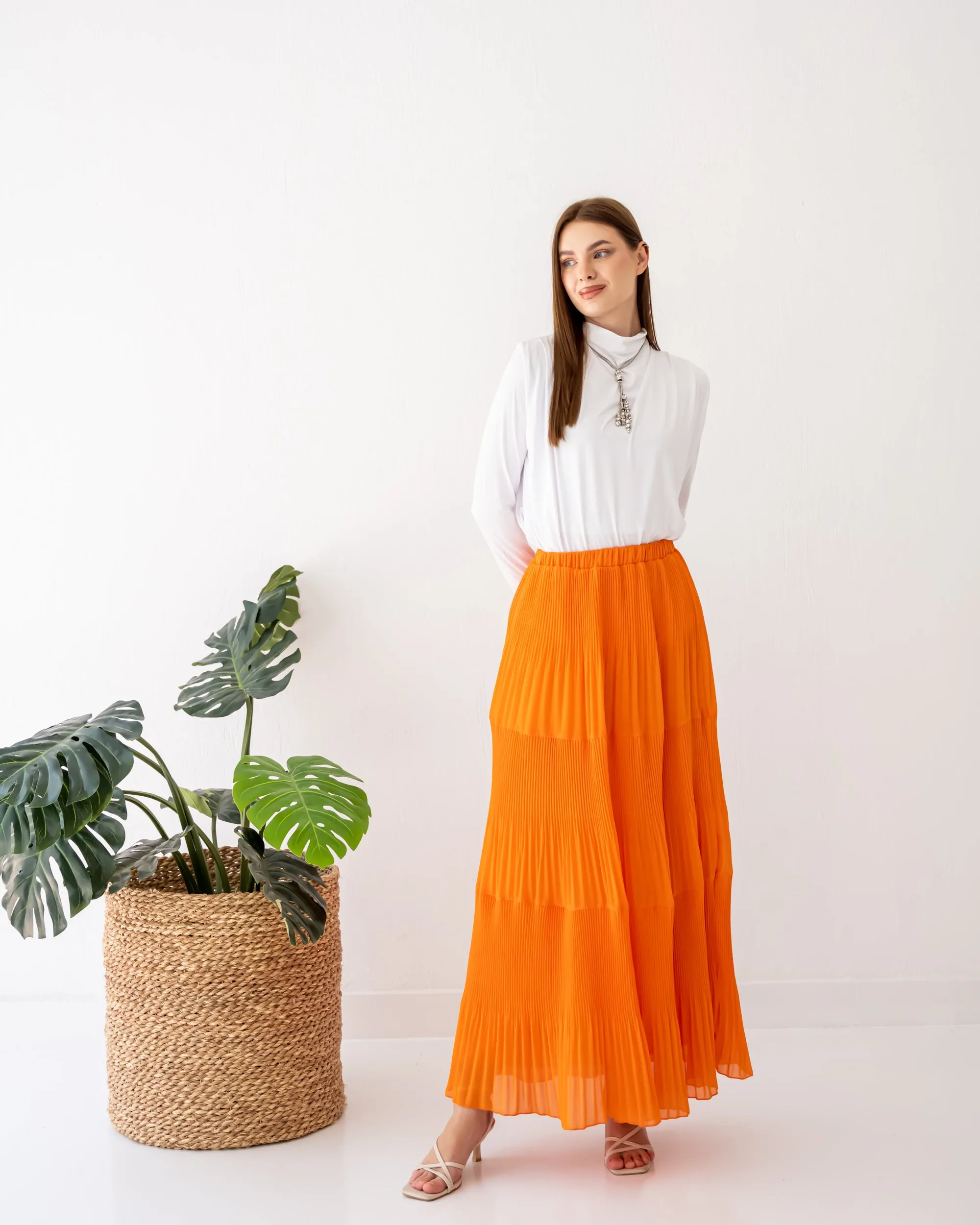LAYERED CHIFFON PLISSE SKIRT-ORANGE