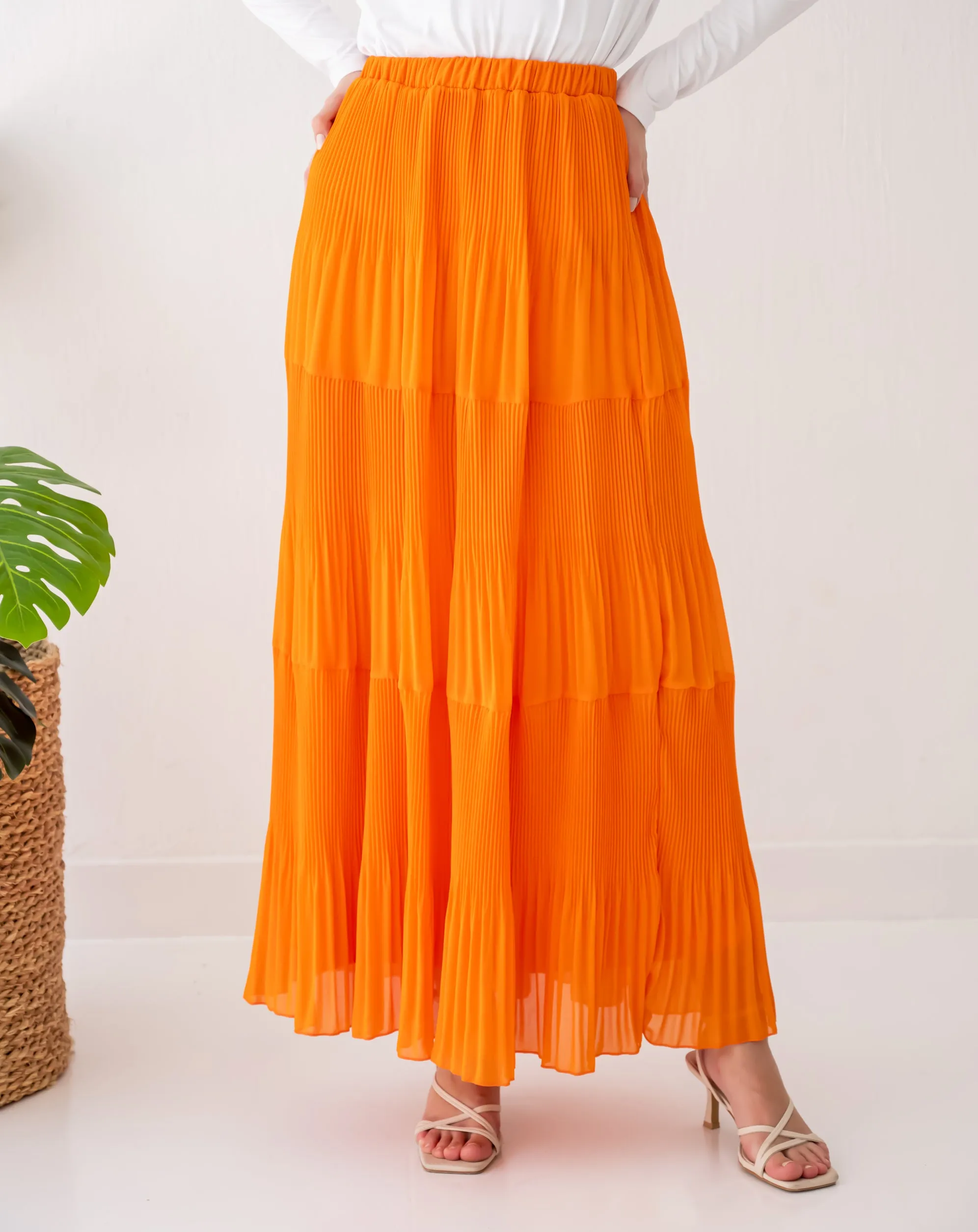 LAYERED CHIFFON PLISSE SKIRT-ORANGE