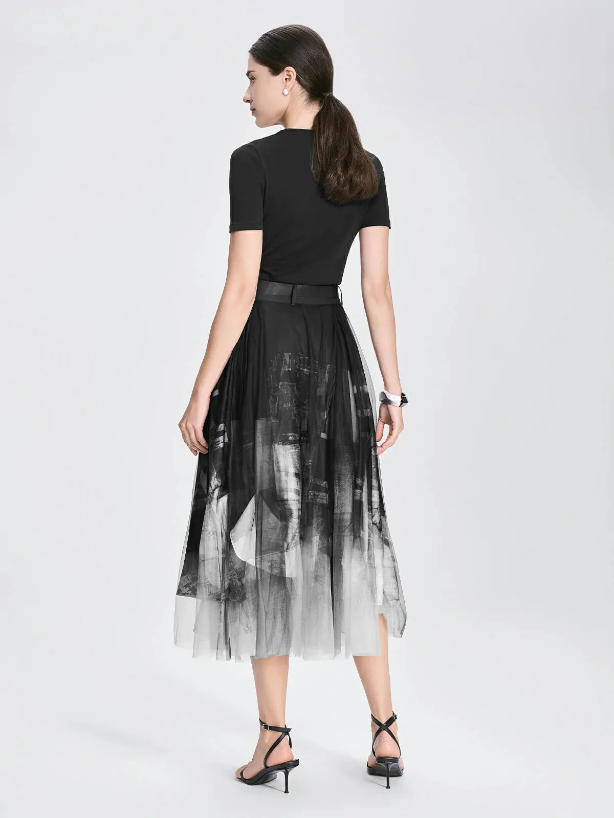 Layered Mesh Pleated Goth Midi Skirt