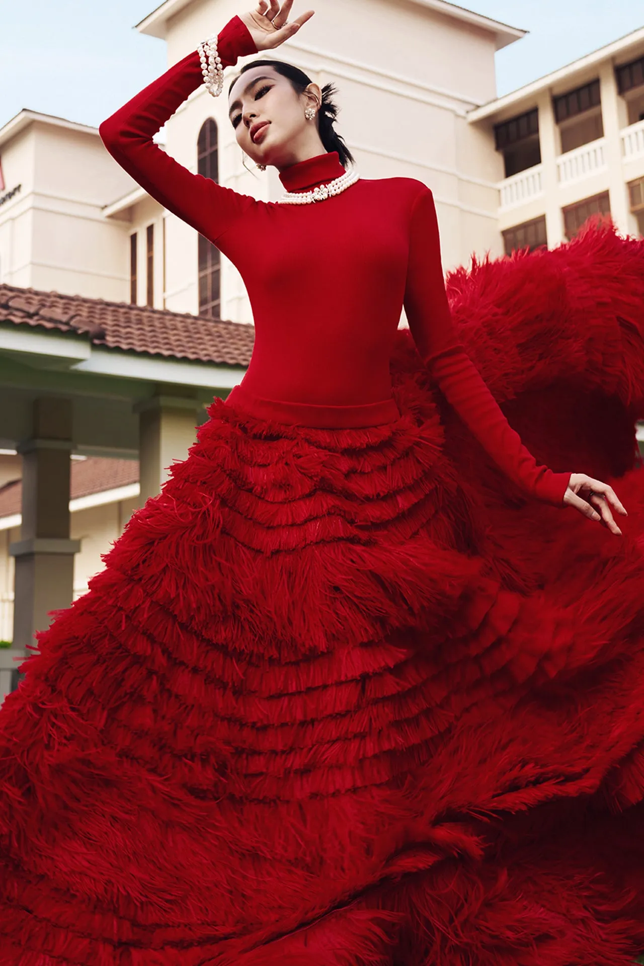 Long-Sleeved A-line Dress with Feathers
