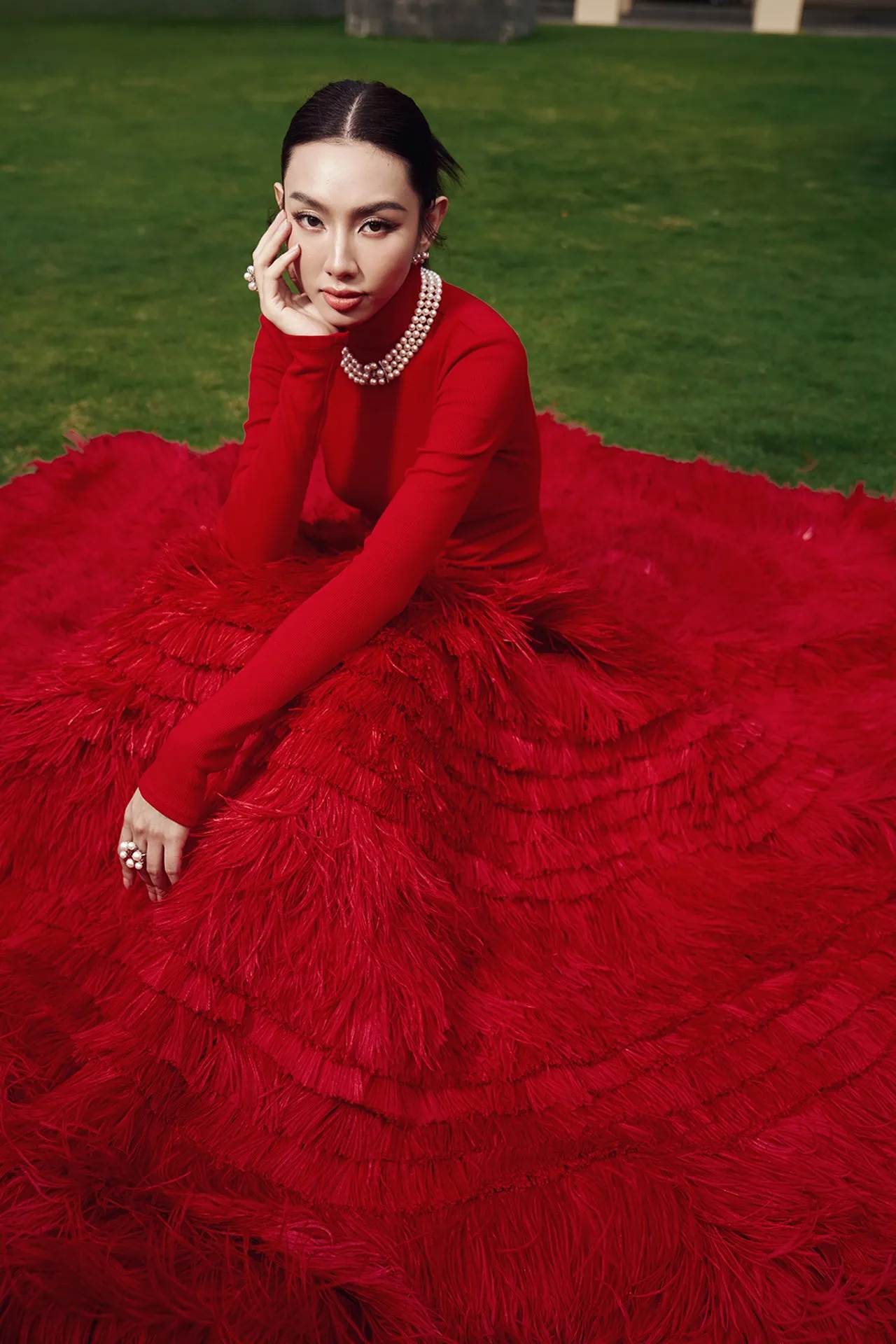 Long-Sleeved A-line Dress with Feathers