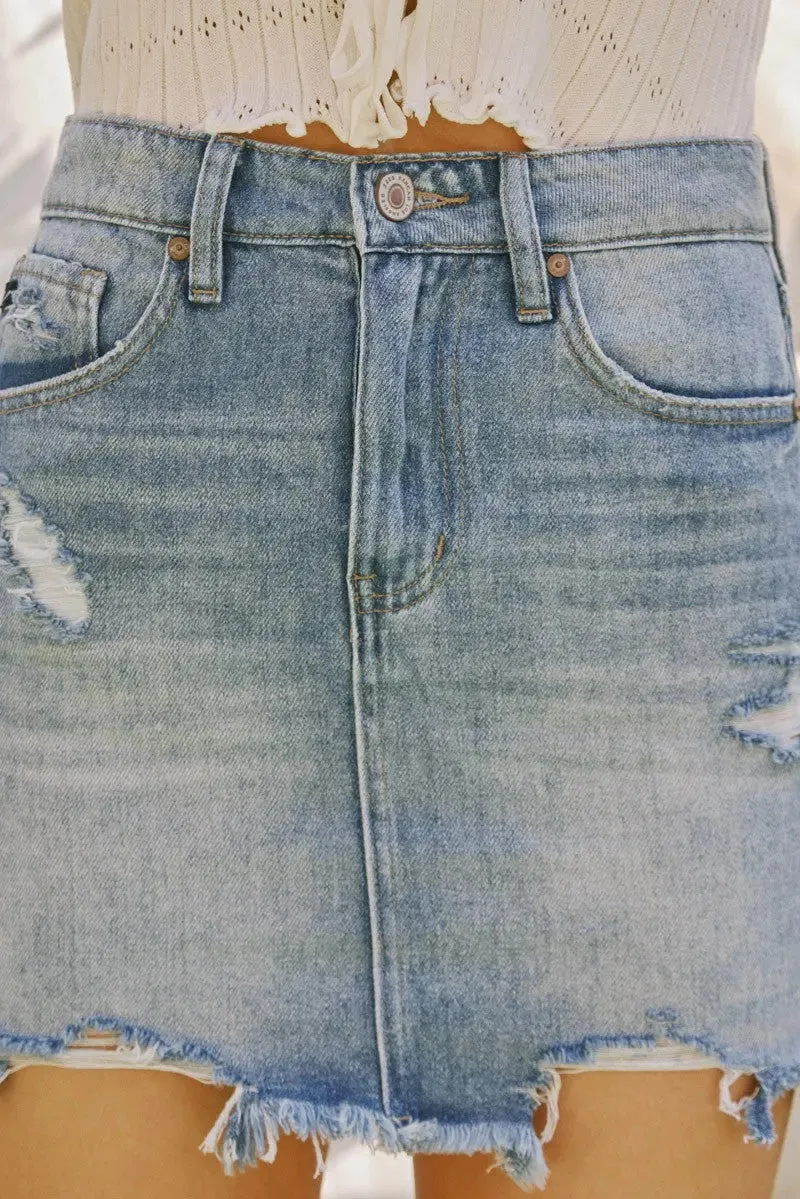 Medium Wash Distressed KanCan Mini Skirt