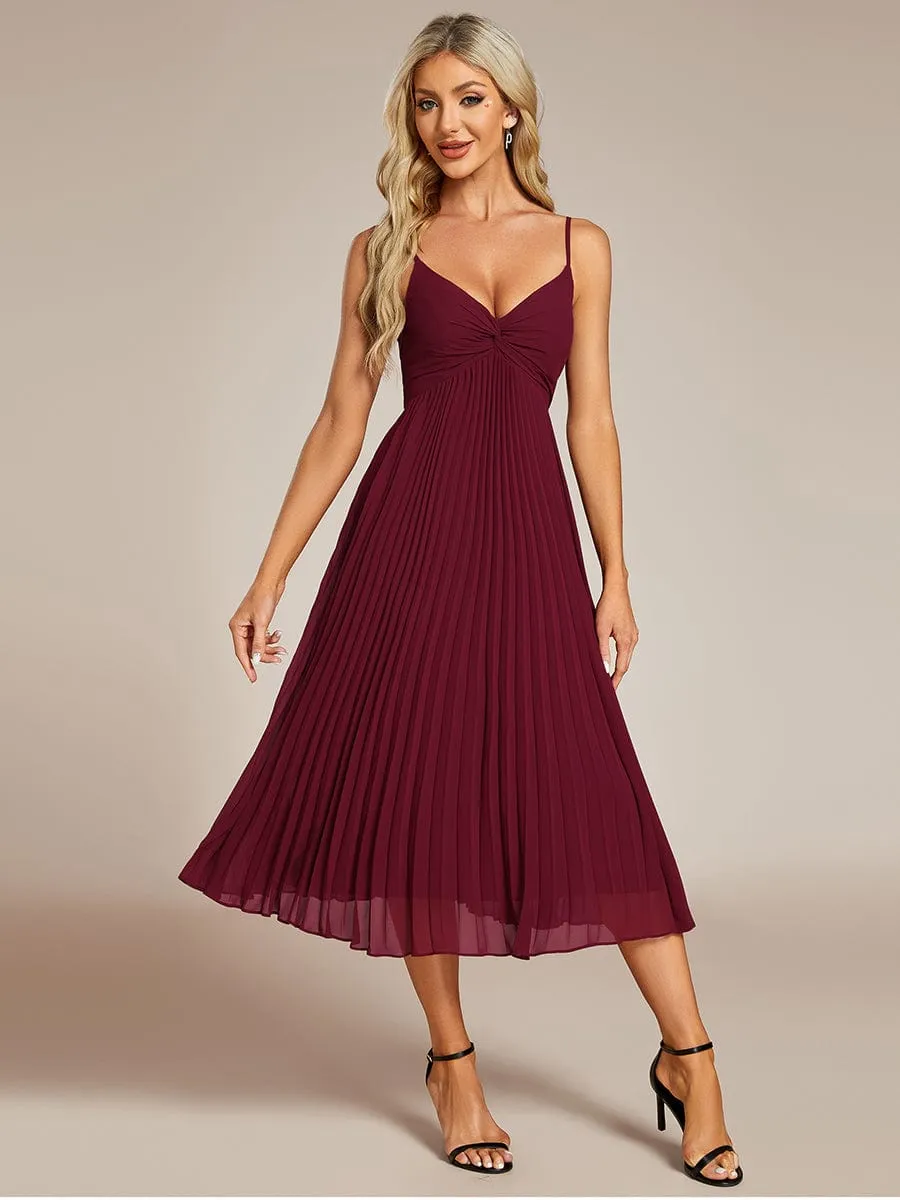 Midi Chiffon Stacked Pleating Backless Wedding Guest Dress with V-Neck