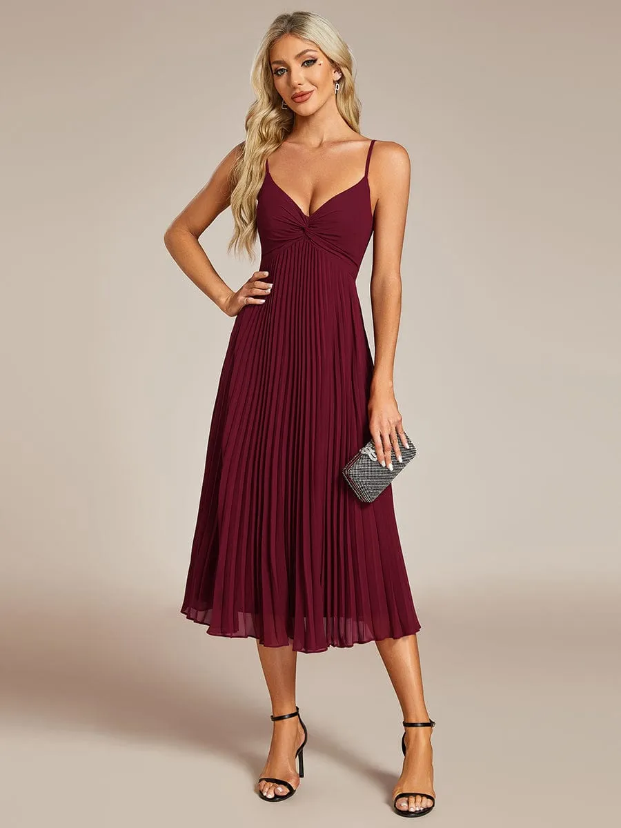 Midi Chiffon Stacked Pleating Backless Wedding Guest Dress with V-Neck