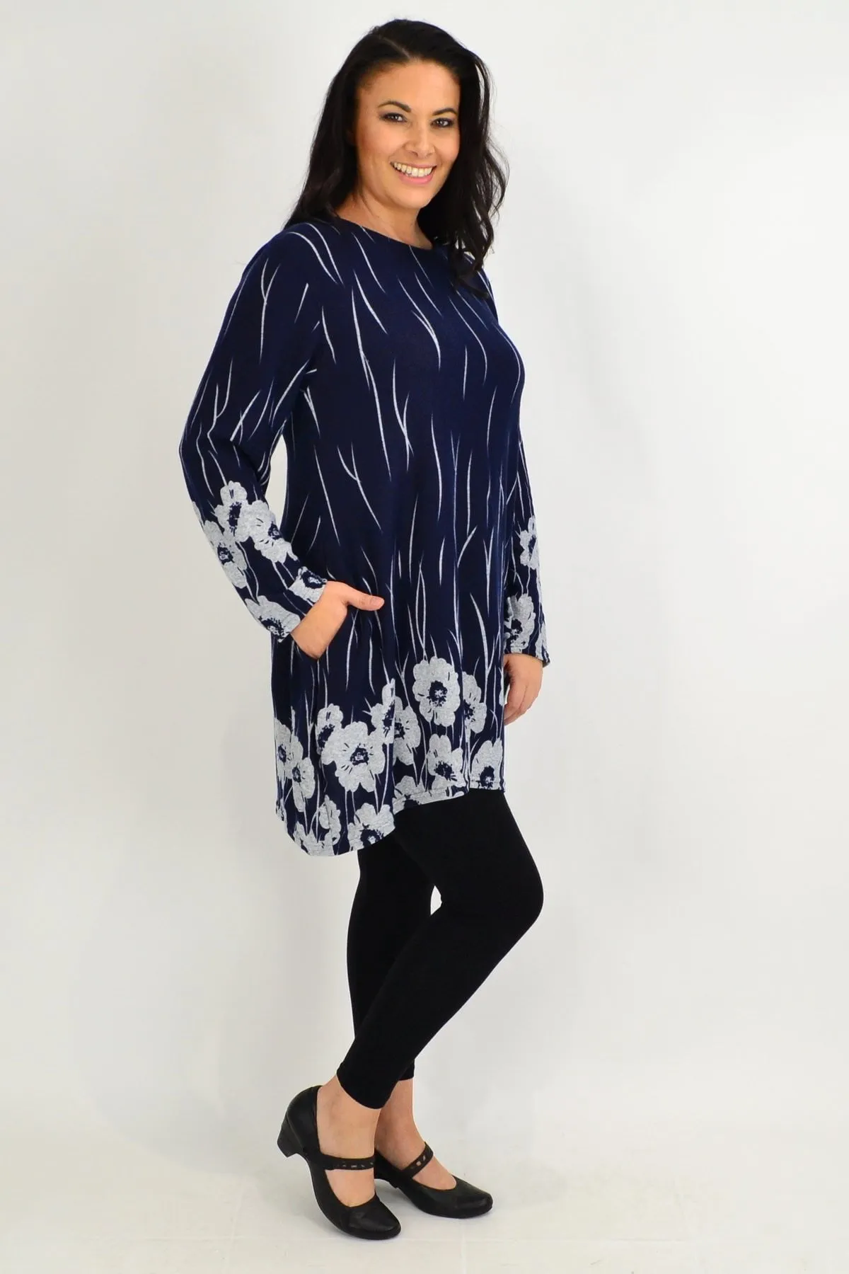 Navy Grey Poppy Fleece Tunic Top