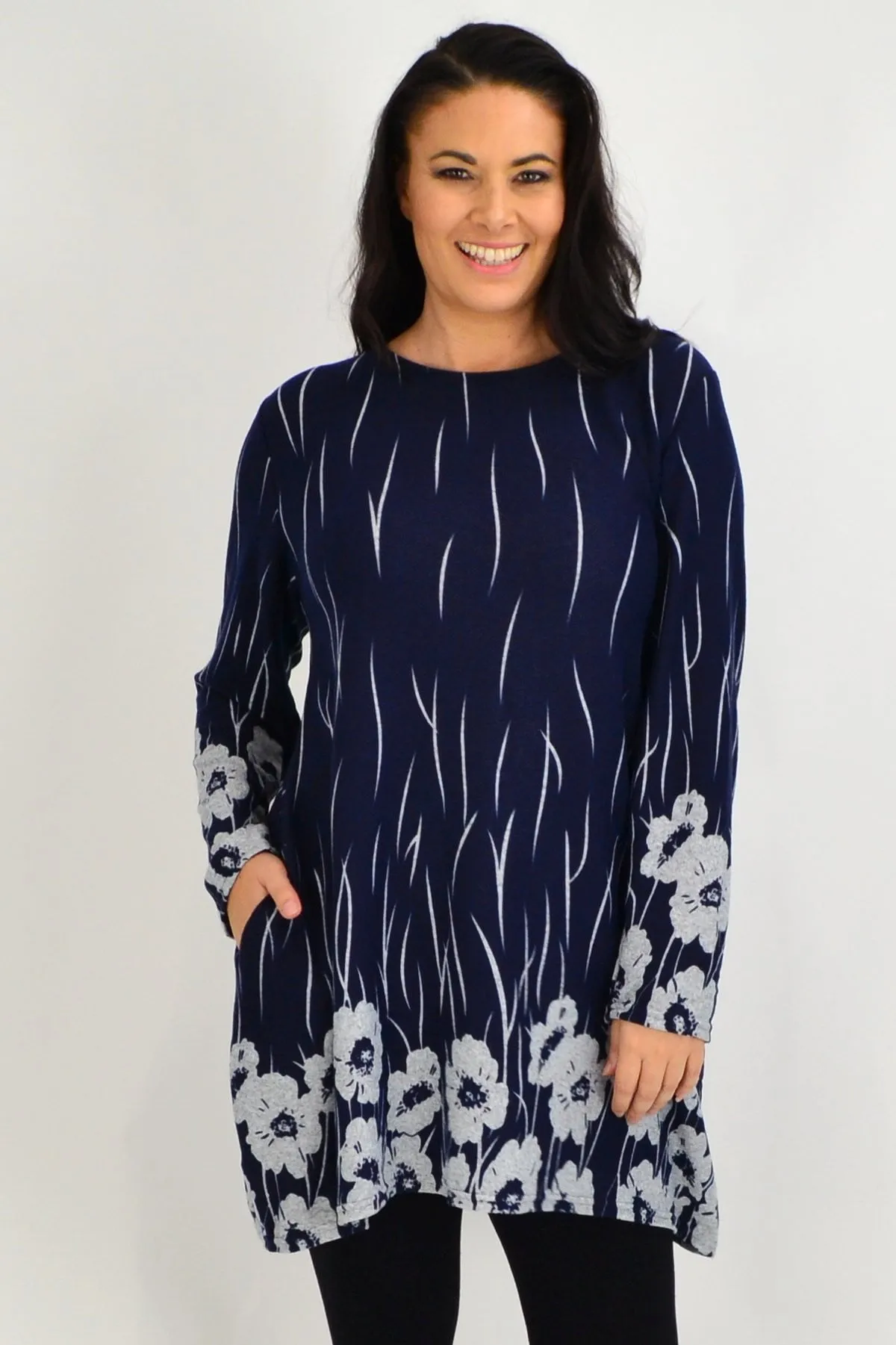 Navy Grey Poppy Fleece Tunic Top