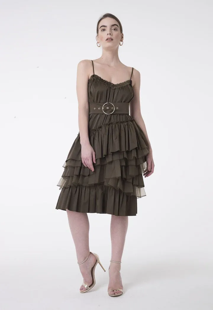 Nocturne Spaghetti Strap Belted Dress Khaki